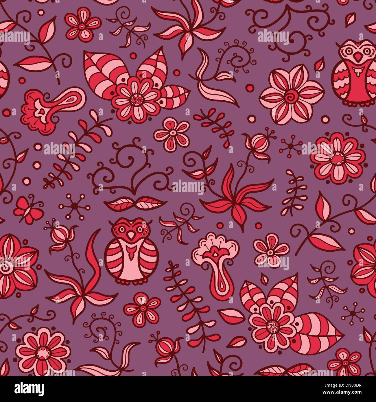 Seamless texture with flowers and owls. Endless floral pattern. Stock Vector