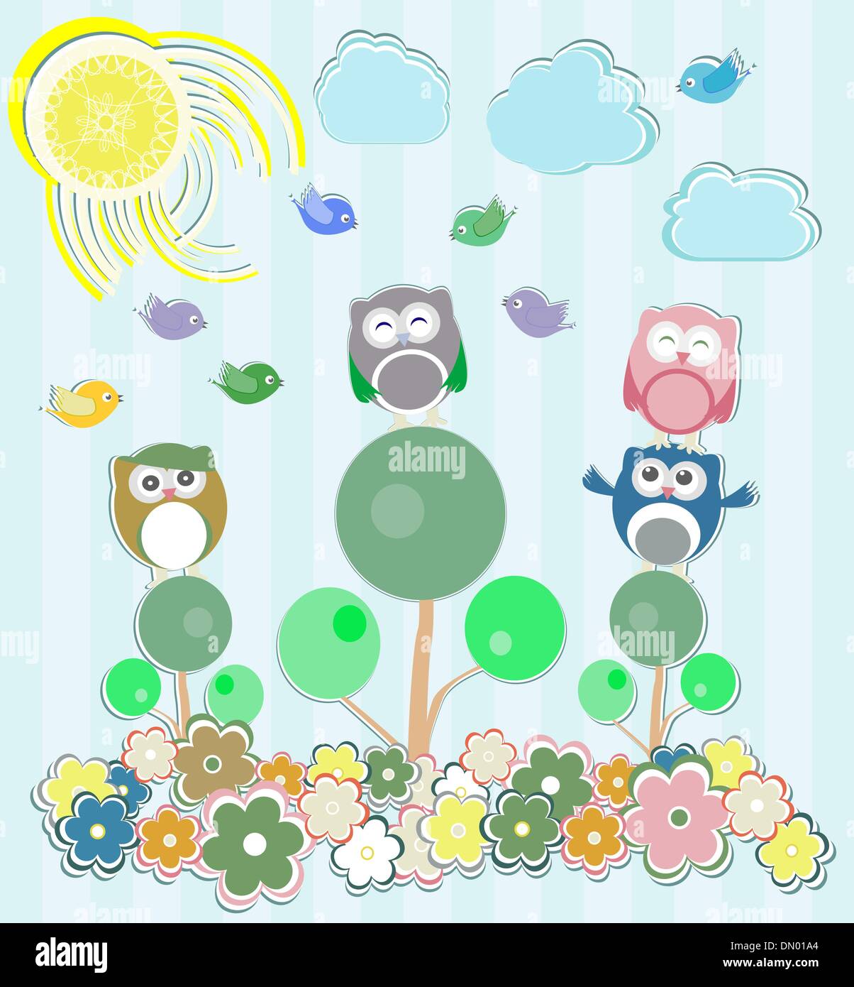 Background with flowers and owls sitting on the tree Stock Vector Image ...