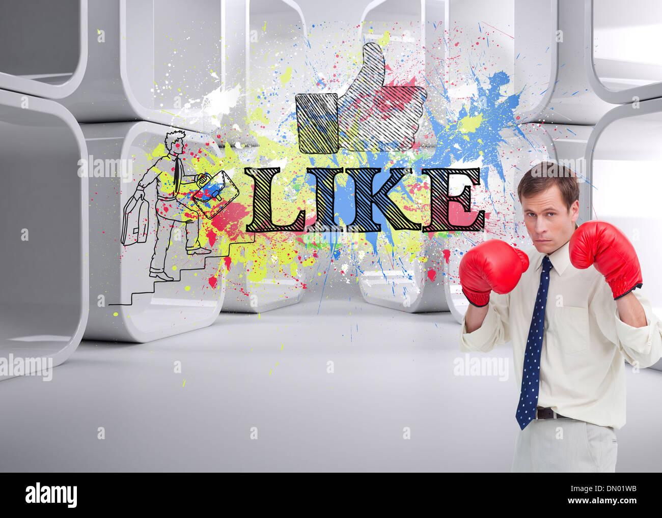 Composite image of businessman with his boxing gloves ready to fight Stock Photo