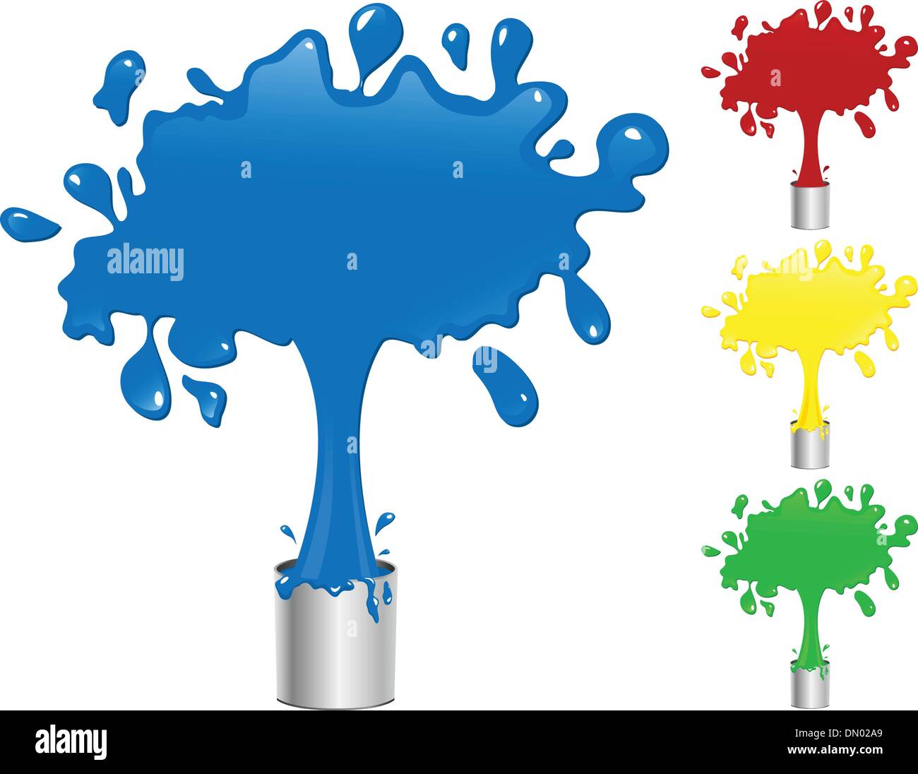 Blue, Red, Yellow and Green Paint Splash Buckets. Stock Vector