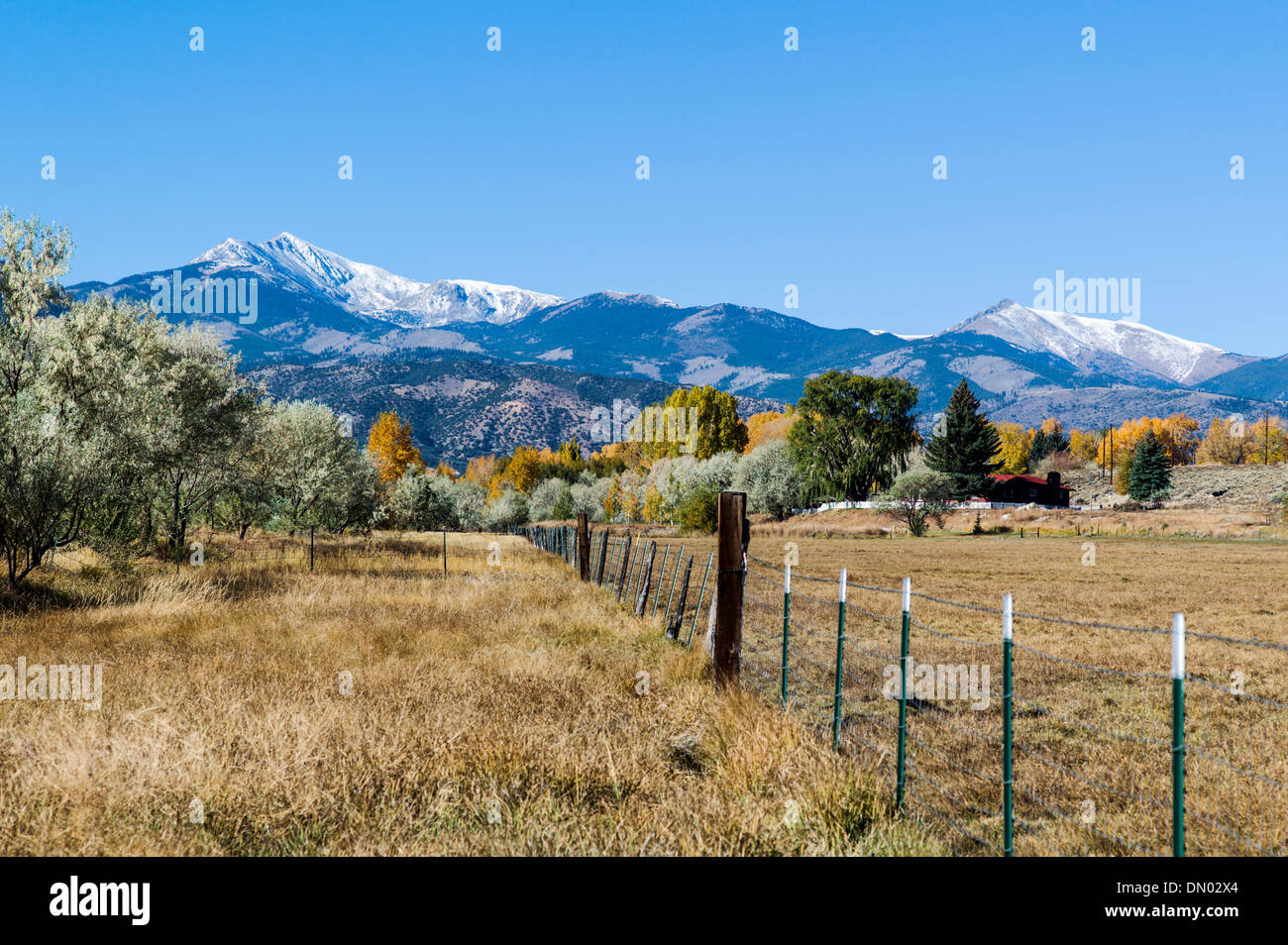 Ranch pasture and Rocky Mountains west of Salida, Colorado, USA Stock