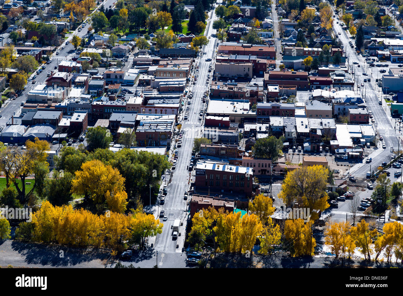 Autumn view from above of Salida and the Arkansas River Valley, Chaffee County, Colorado, USA Stock Photo