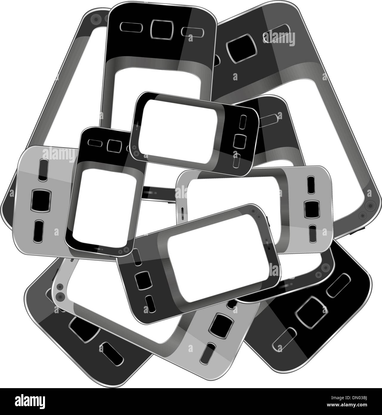 Black smart phones set on white background Stock Vector