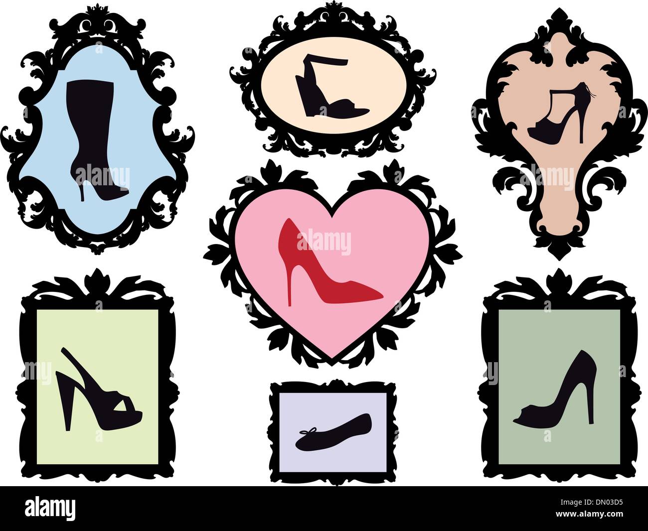 shoe silhouettes in antique frames, vector set Stock Vector