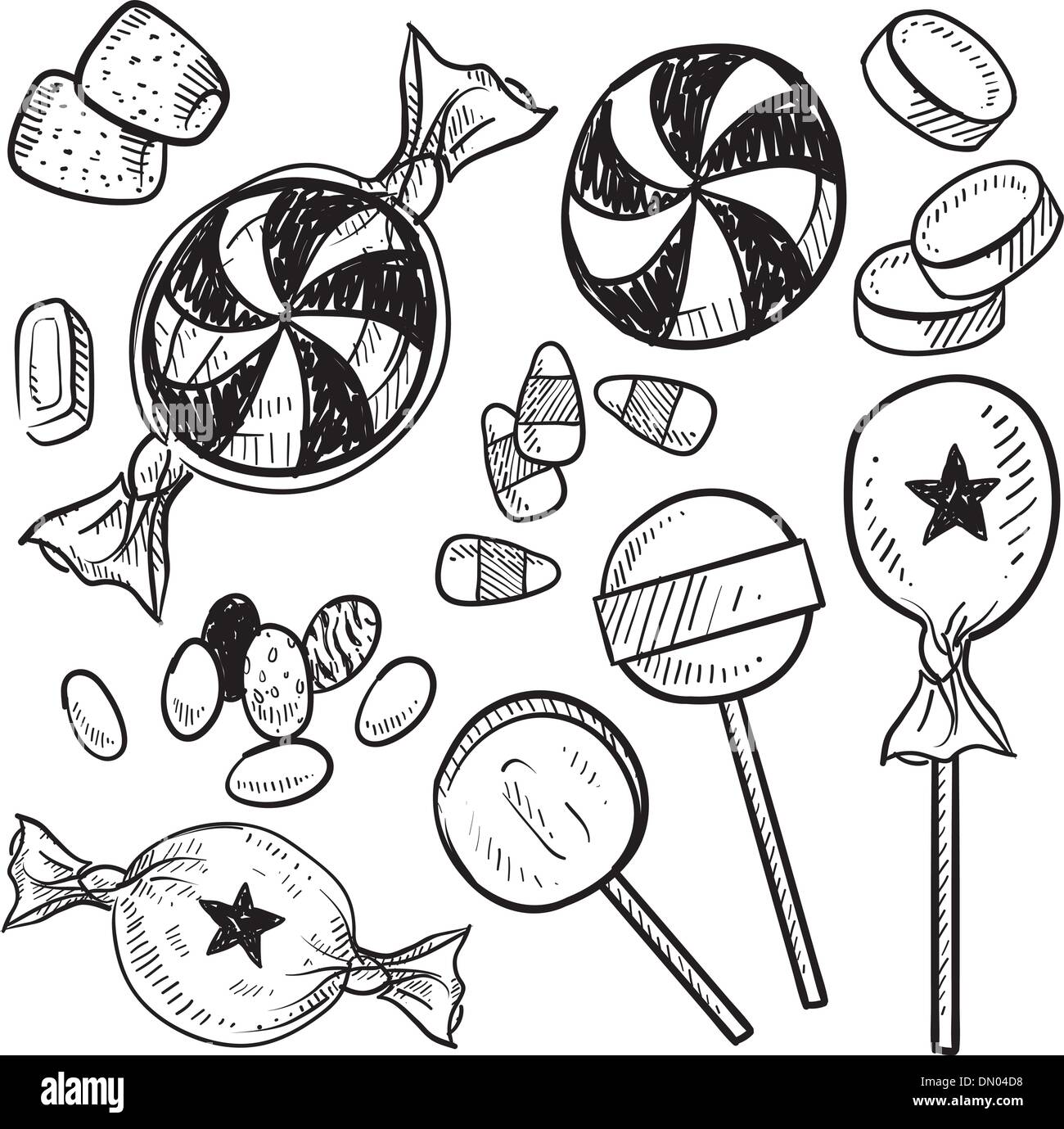 Candy sketch collection. hand drawn line art elements set. black and white  candies. caramel, lollipop, round drops. vector | CanStock