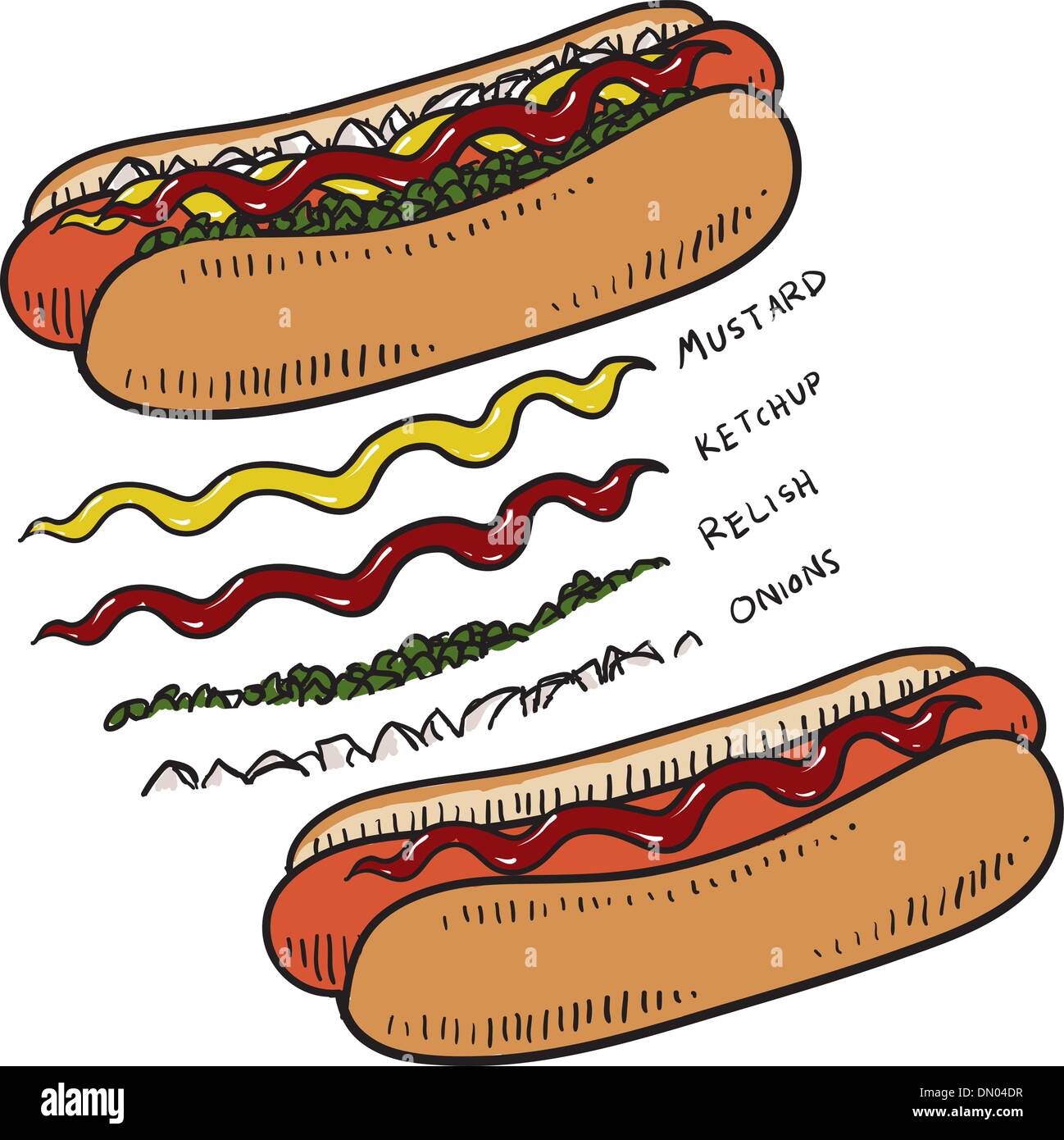 Hot dog with condiments illustration Stock Vector