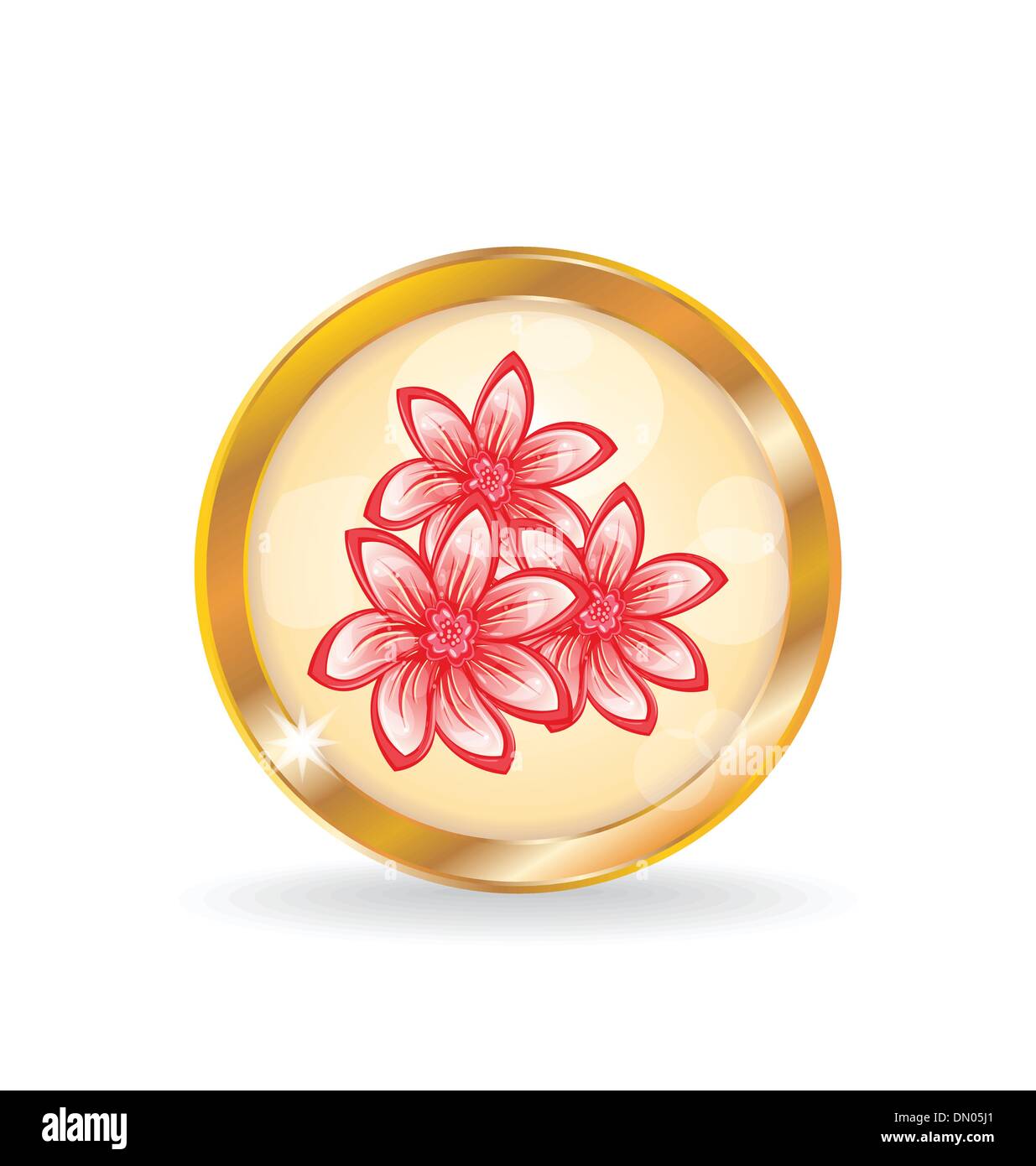 Golden circle label (button) with flowers Stock Vector