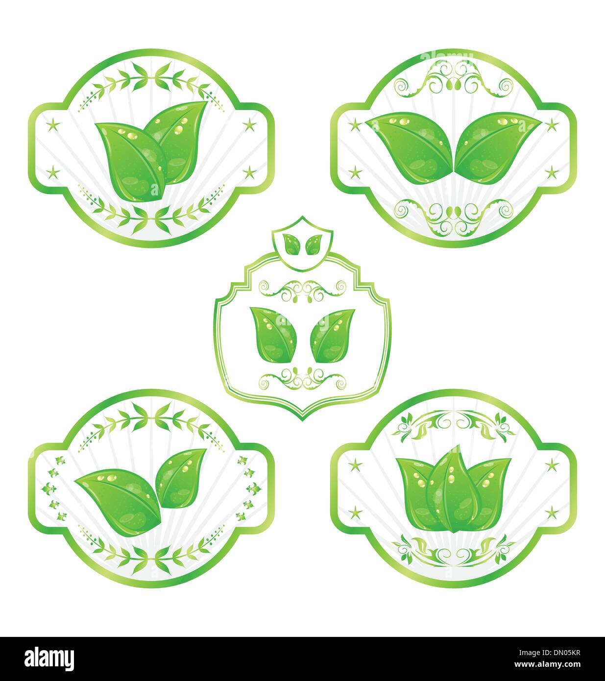 Set of green ecological labels with leaves isolated on white bac Stock ...