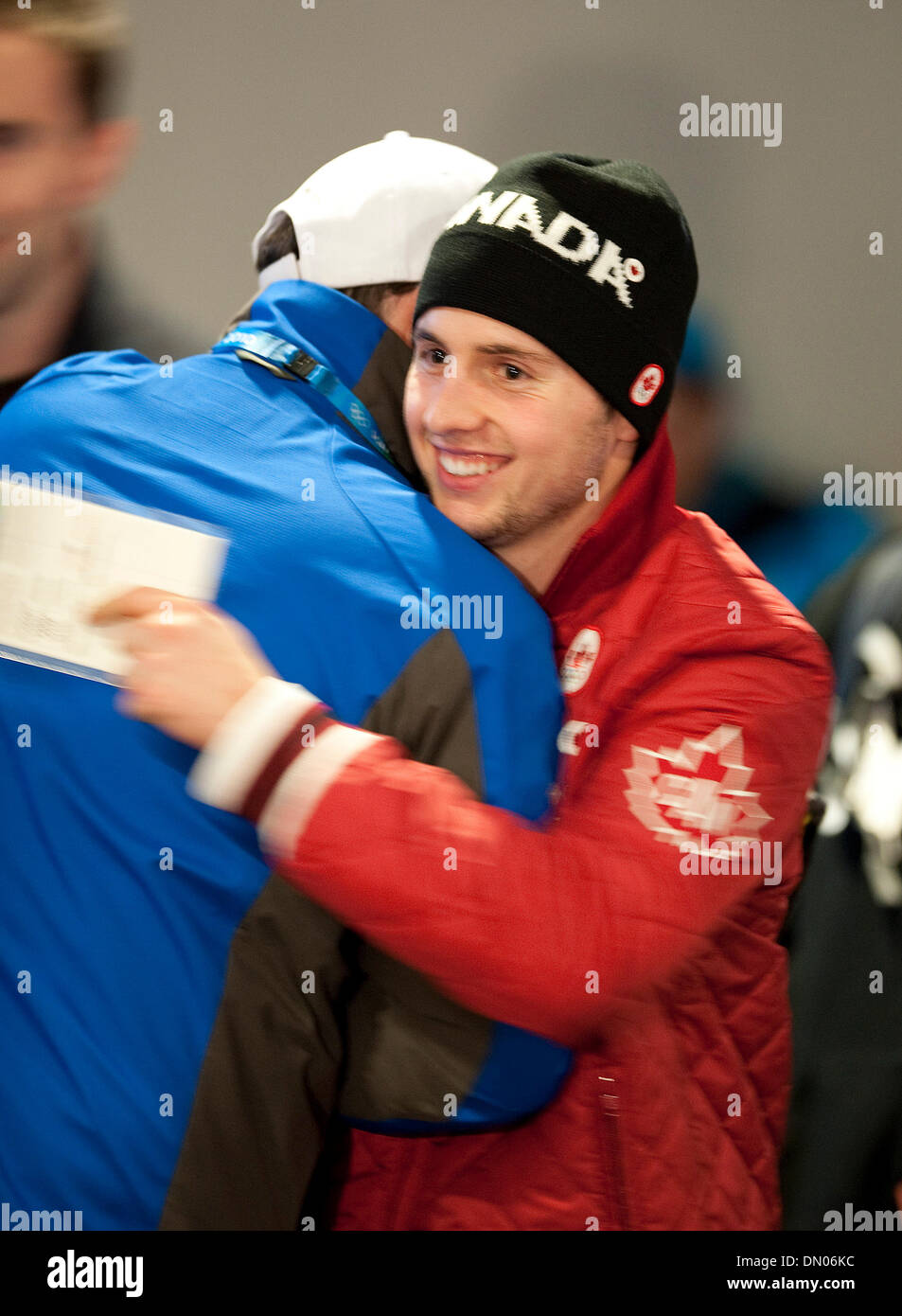 Feb 14, 2010 - Vancouver, British Columbia, Canada - Canada's ALEXANDRE BILODEAU won the men's moguls freestyle skiing title on Sunday, claiming the host nation's first gold medal of the Games and ending a long-running jinx. Bilodeau scored 26.75 points. Bilodeau won the men's moguls freestyle skiing title on Sunday, claiming the host nation's first gold medal of the Games and endi Stock Photo