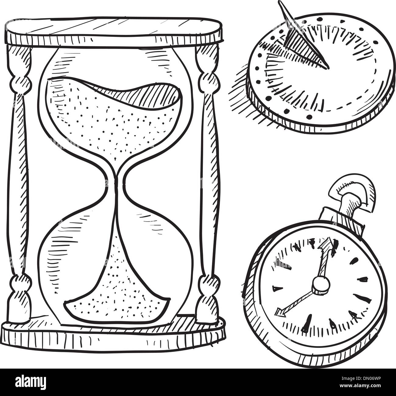 Retro hourglass, sundial and pocketwatch sketch Stock Vector