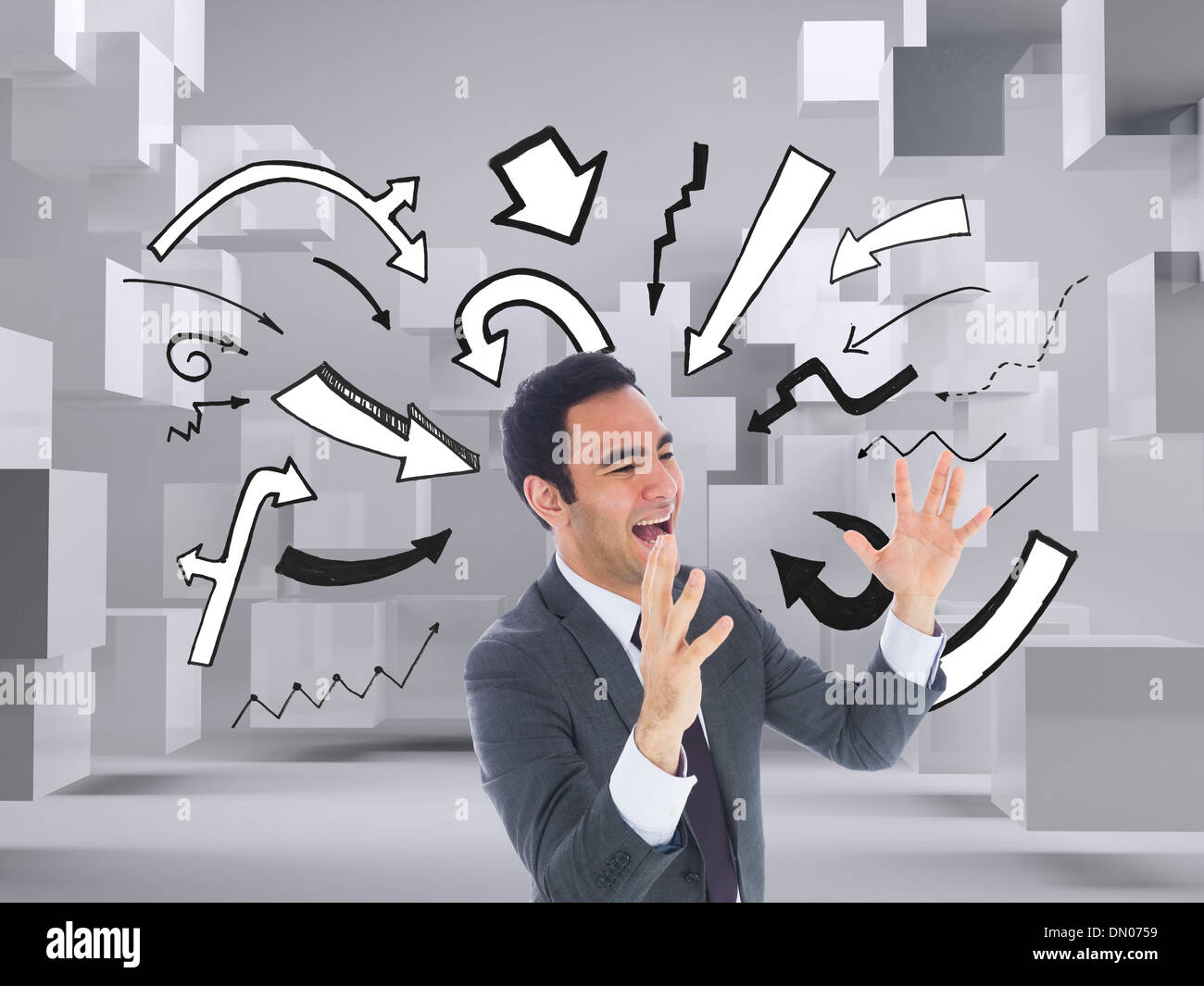 Composite image of excited businessman with arms raised Stock Photo - Alamy