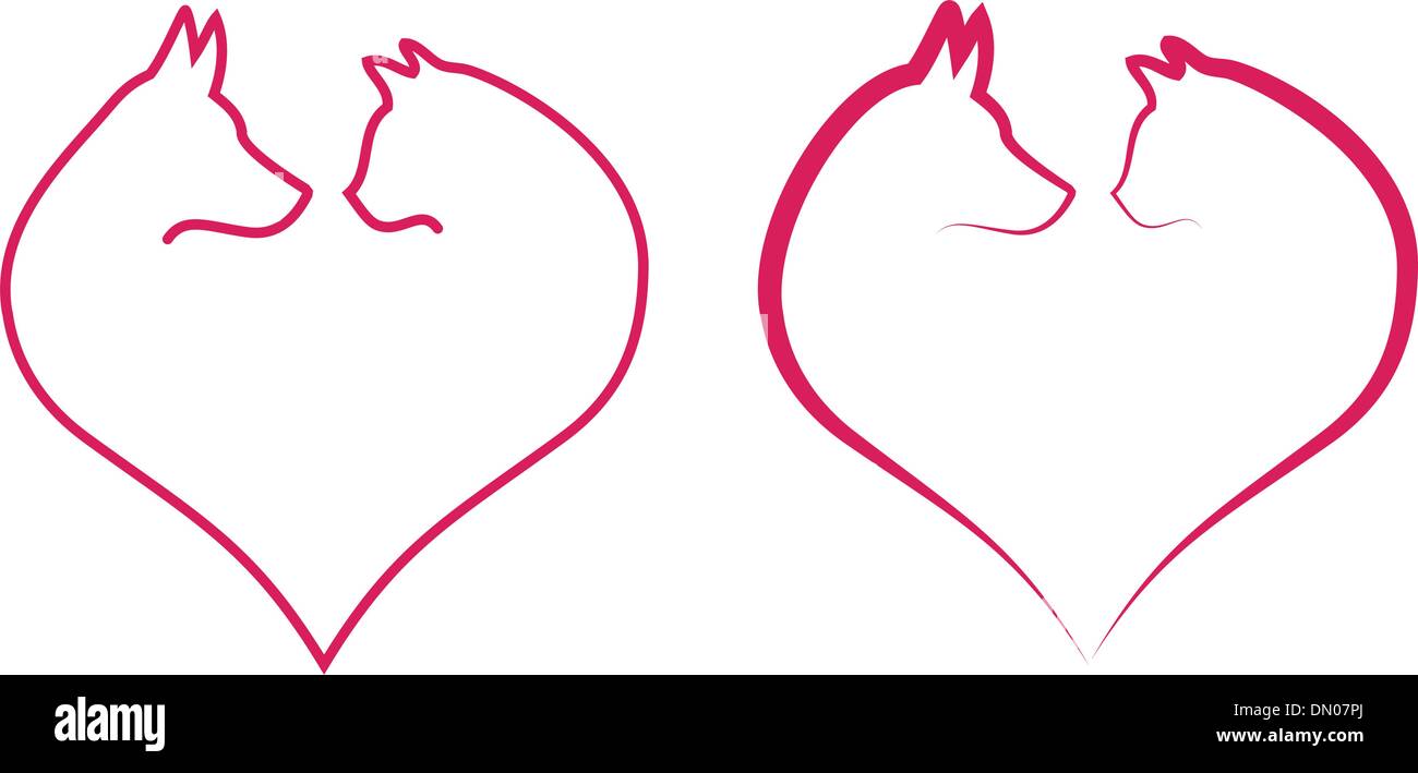 cat and dog in red heart, vector Stock Vector
