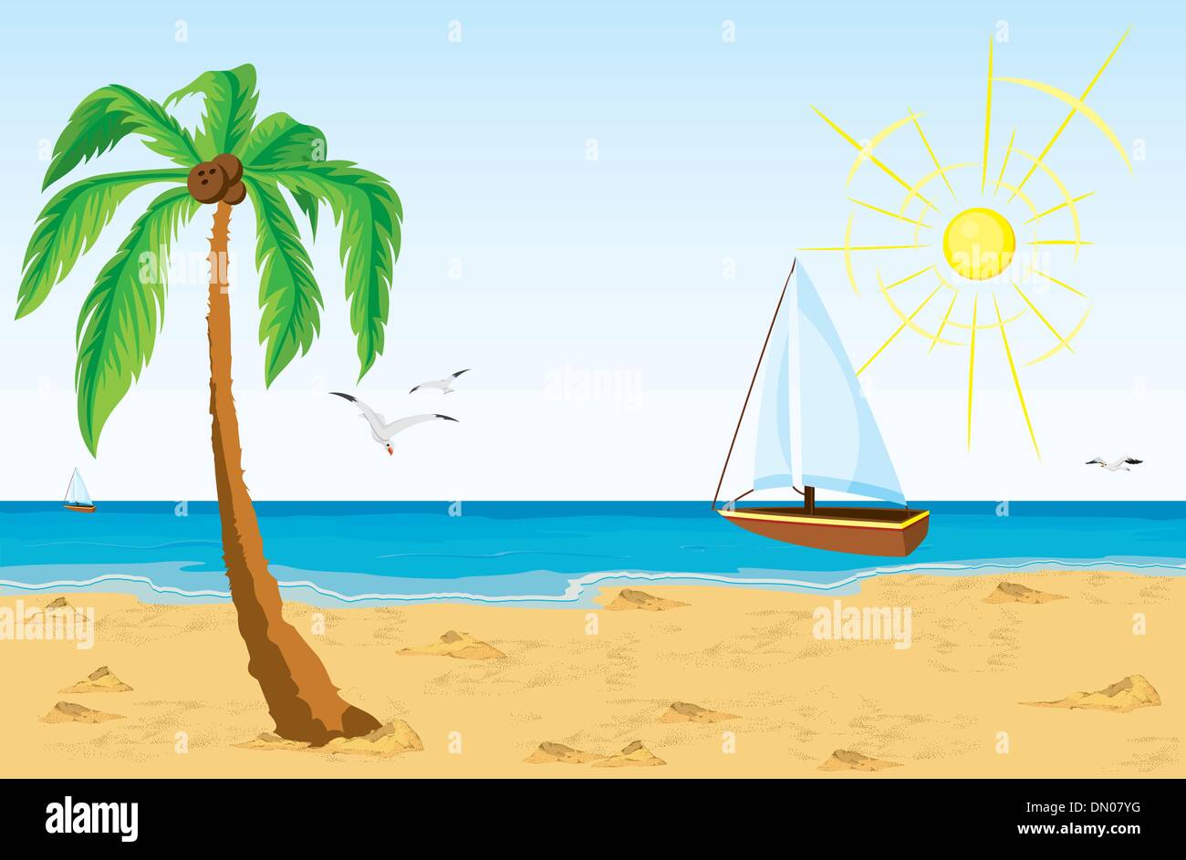 Palm tree on sand beach and bat sailing in the ocean Stock Vector