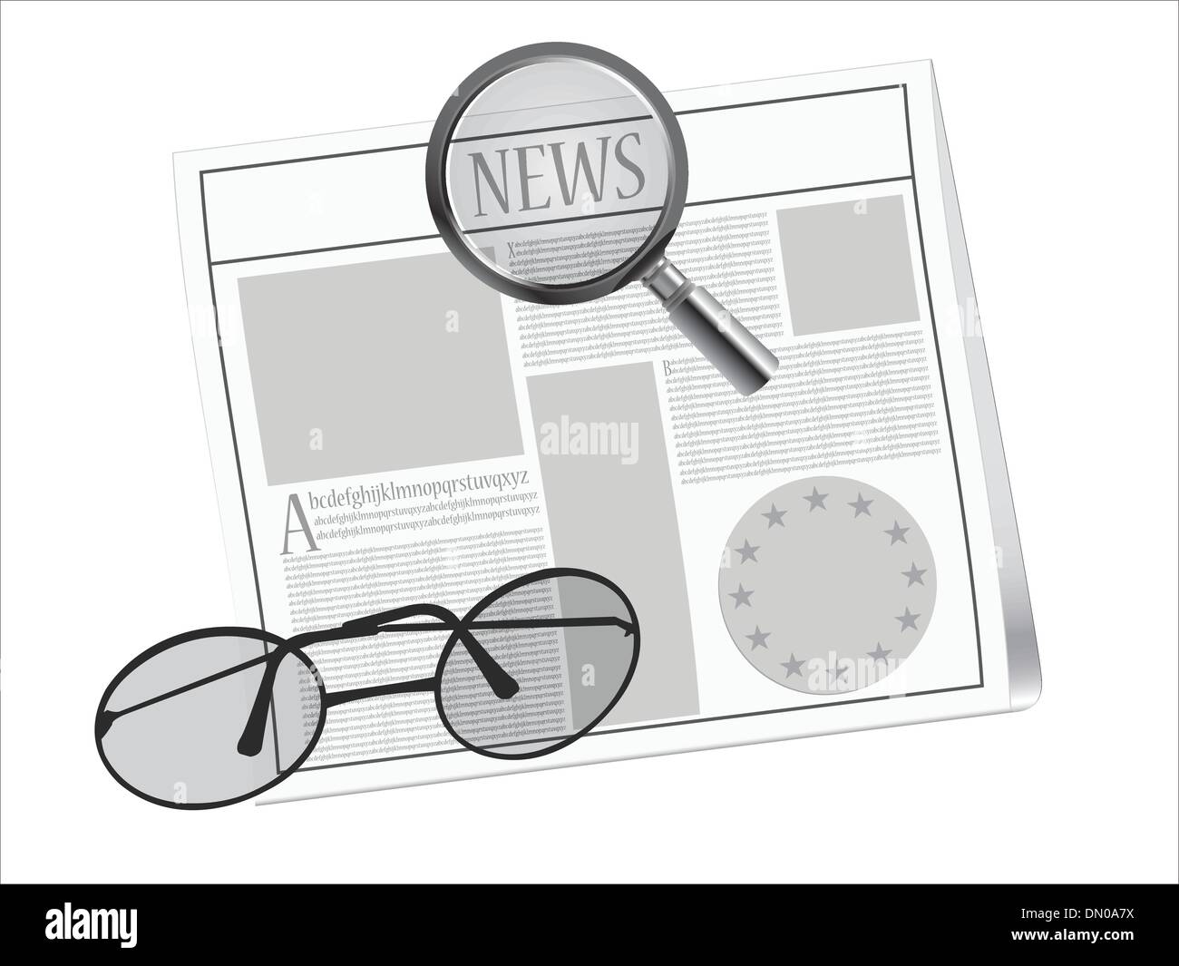 newspaper, magnifying glass and glasses Stock Vector