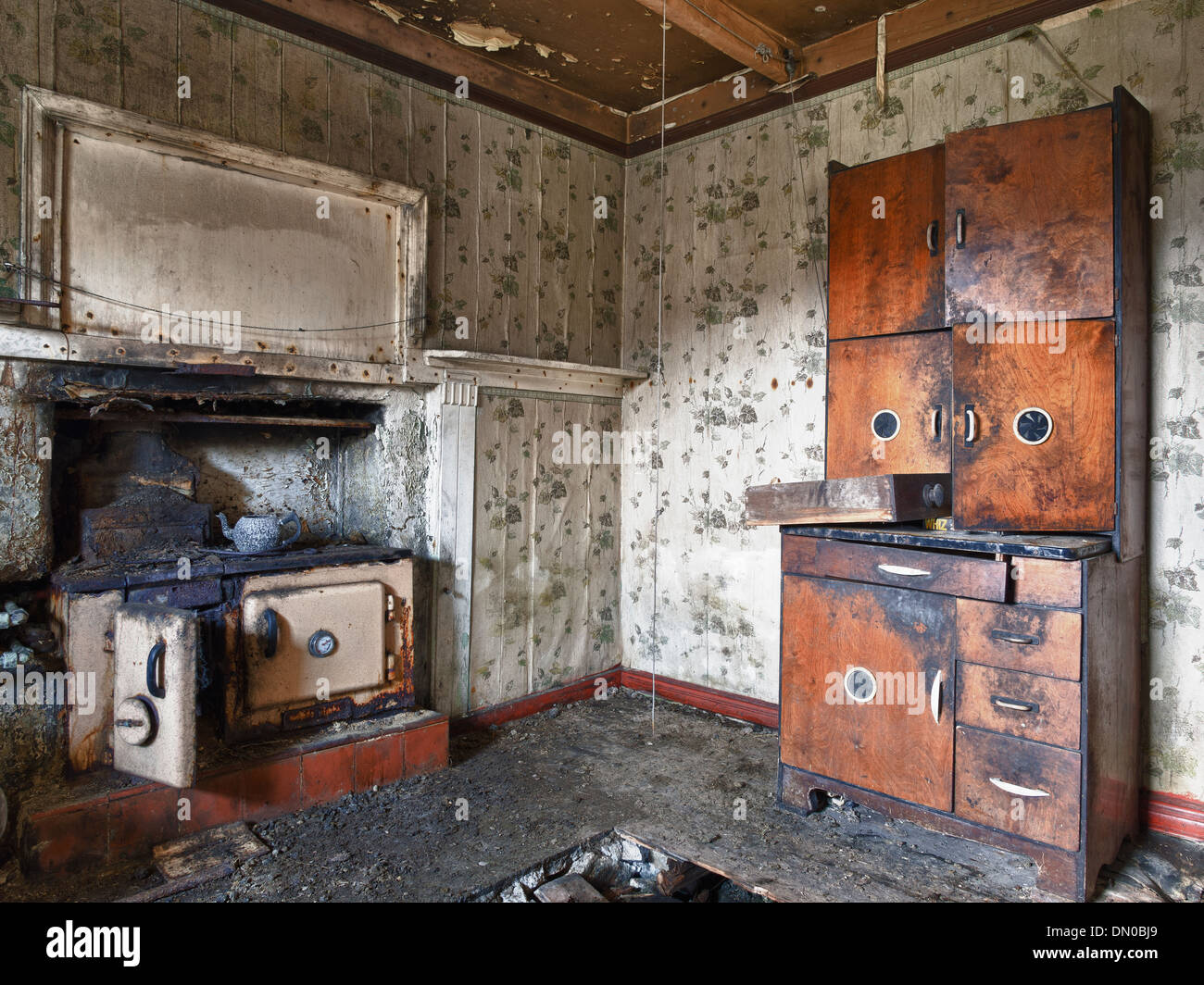 Kitchen in Abandoned Croft House, Isle of Lewis Stock Photo