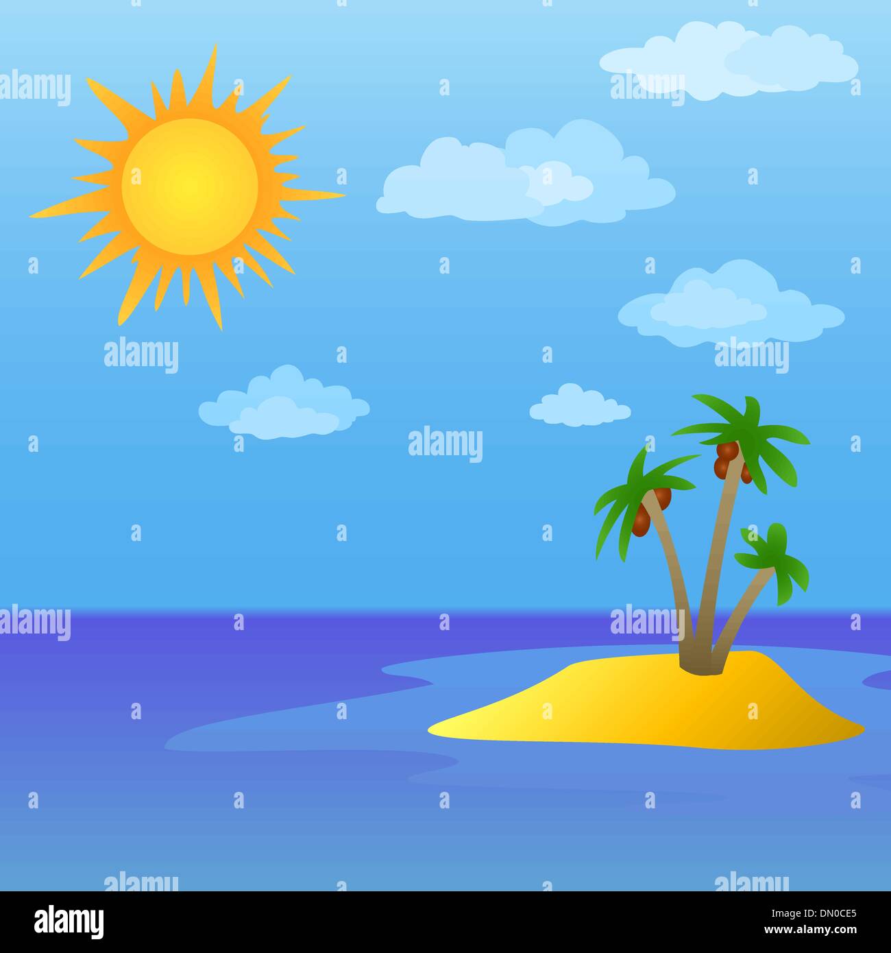 Sun and island with palm trees Stock Vector