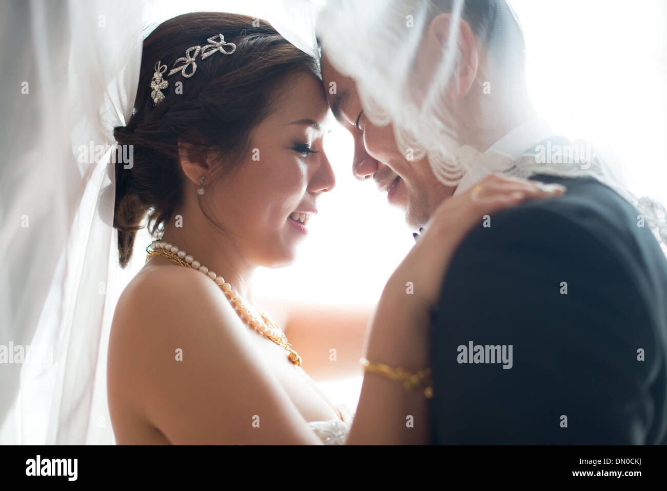 Romantic Asian Chinese wedding couple. Bride and groom dancing in love