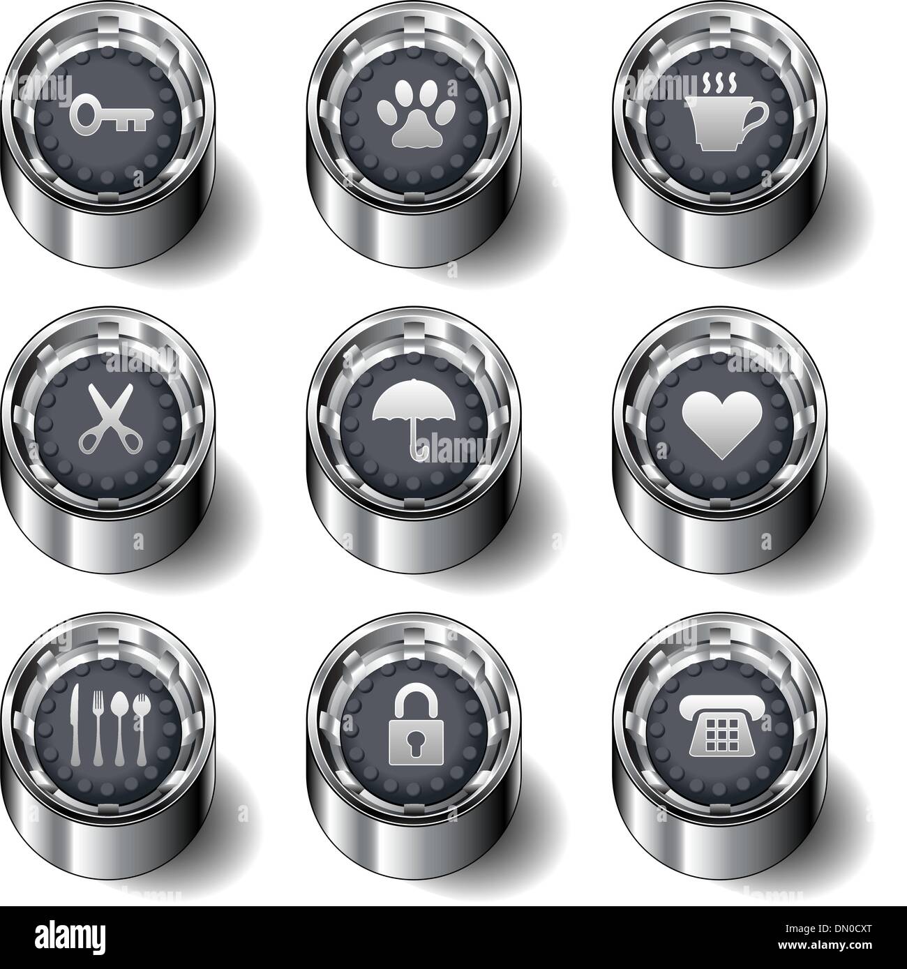 Household icons rubber button set Stock Vector