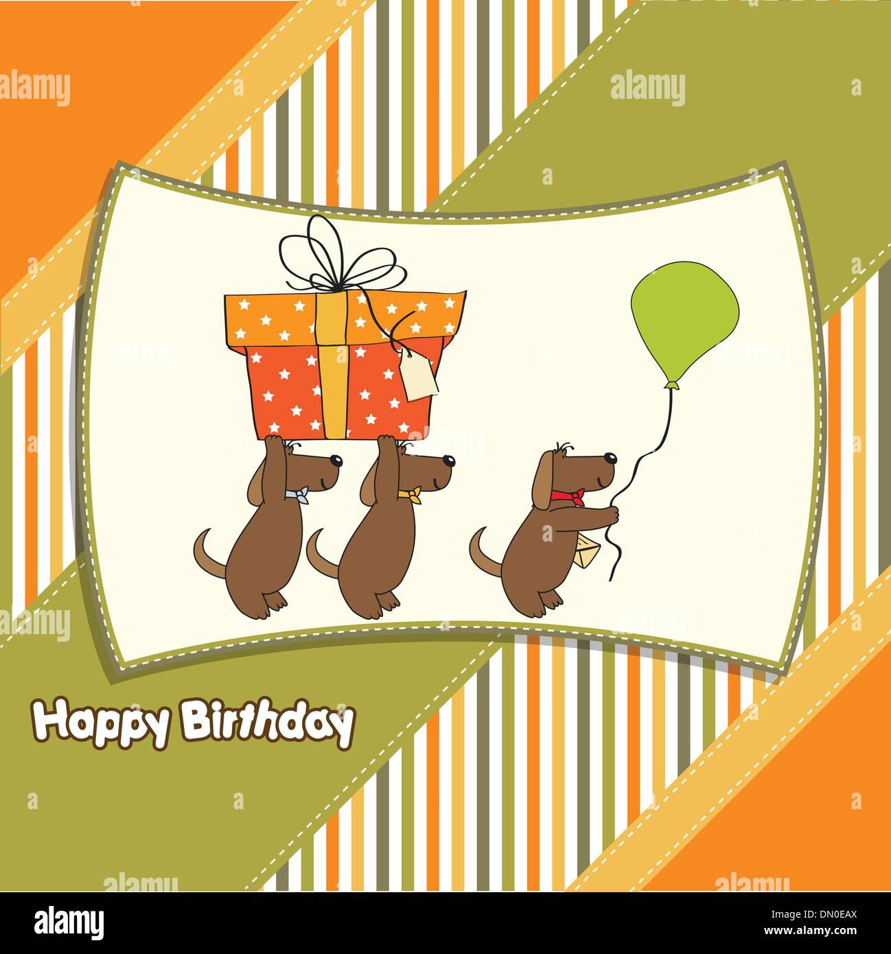 three dogs that offer a big gift. birthday greeting card Stock Vector ...