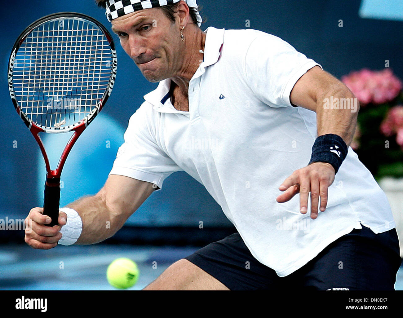 Feb. 20, 2010 - Delray, FL - Florida, USA - United States - fl-delray-champions-tennis-0220i   Pat Cash sets up a forehand return at the net against Patrick Rafter during a ATP Champions Tour match at the Delray Beach Tennis Center..  Photo/Michael Francis McElroy, for the South Floirda Sun-Sentinel (Credit Image: © Sun-Sentinel/ZUMApress.com) Stock Photo