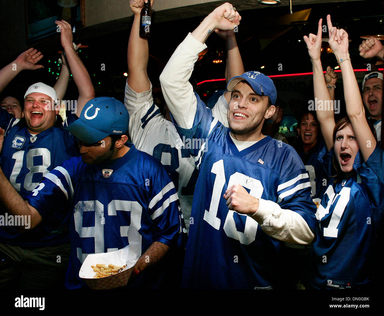 Feb. 07, 2010 - Ft Lauderdale, FL - Florida, USA - United States - fl-super-bowls-bars-0208a  (L_R)( all from Indiana)  Colts fans Chris Marcum, Tim Hawkins and Jenna Czarnecki were pummped up and ready to see the Colts win another superbowl as the watched the game at Cafe Iguana in Pembroke  Pines.  Photo/Michael Francis McElroy, for the South Floirda Sun-Sentinel (Credit Image: © Stock Photo