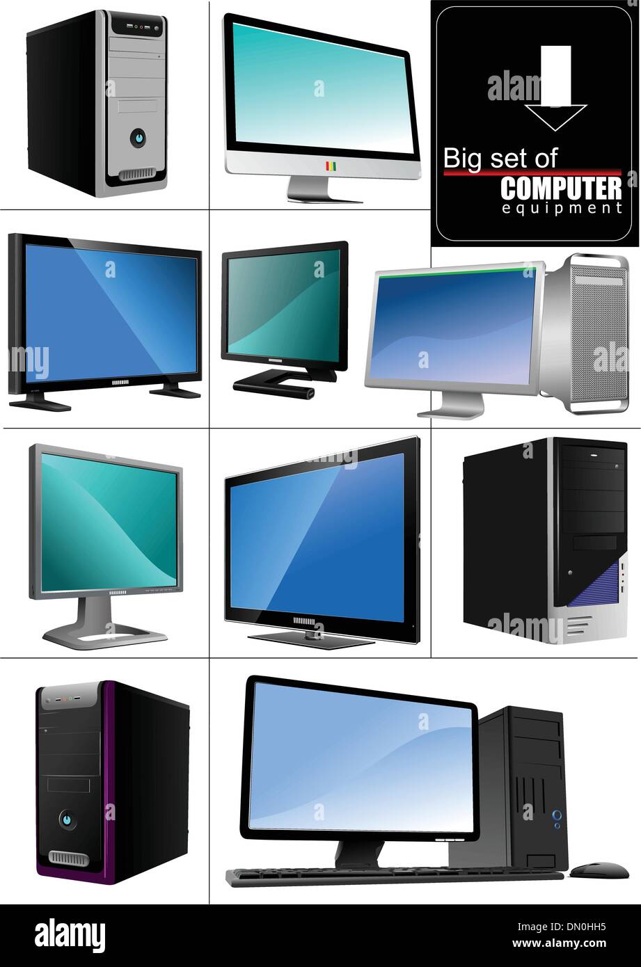 Big set of computer equipment. Server stations. Mac. Stock Vector
