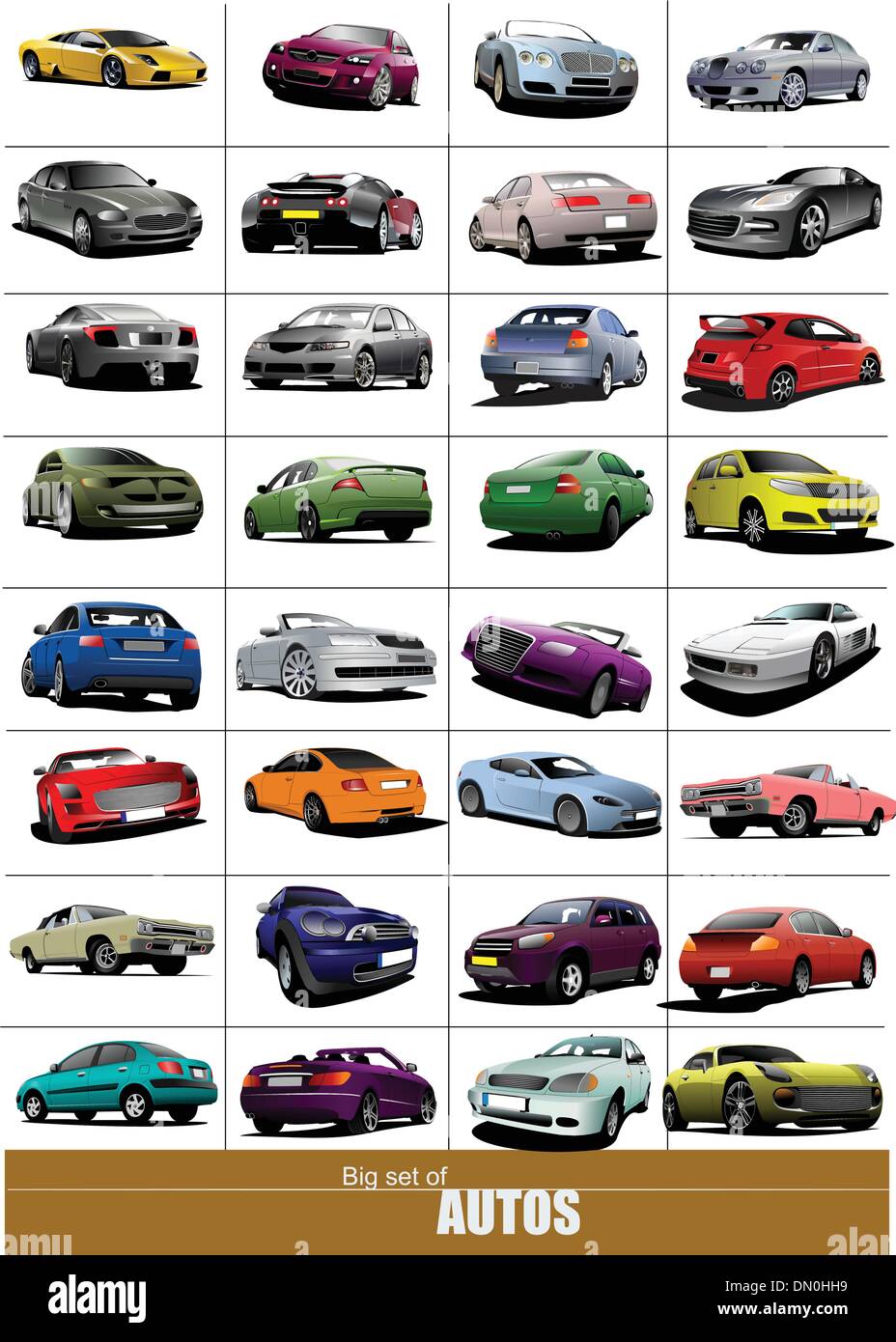 Big set of 32 kinds cars on the road. Vector illustration Stock Vector