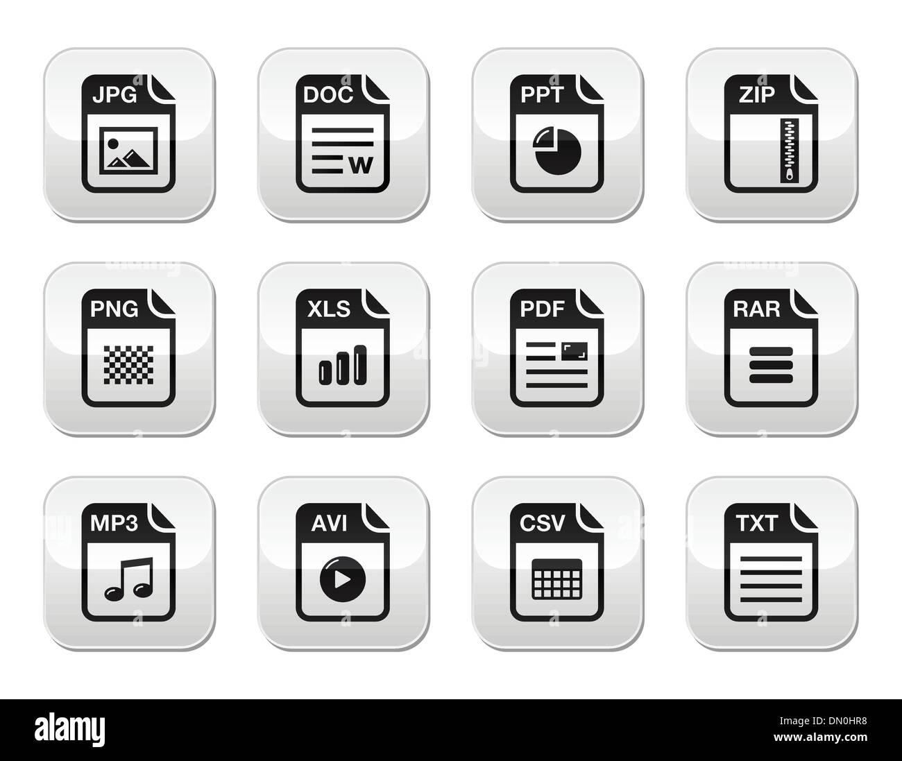 File type black icons on modern grey buttons set Stock Vector