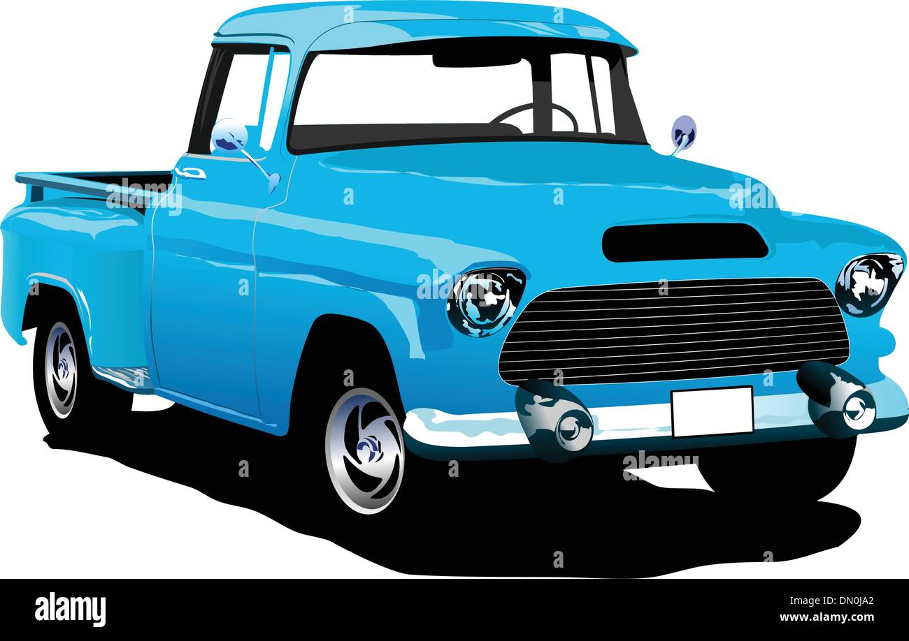 Old blue pickup with badges removed. Stock Vector