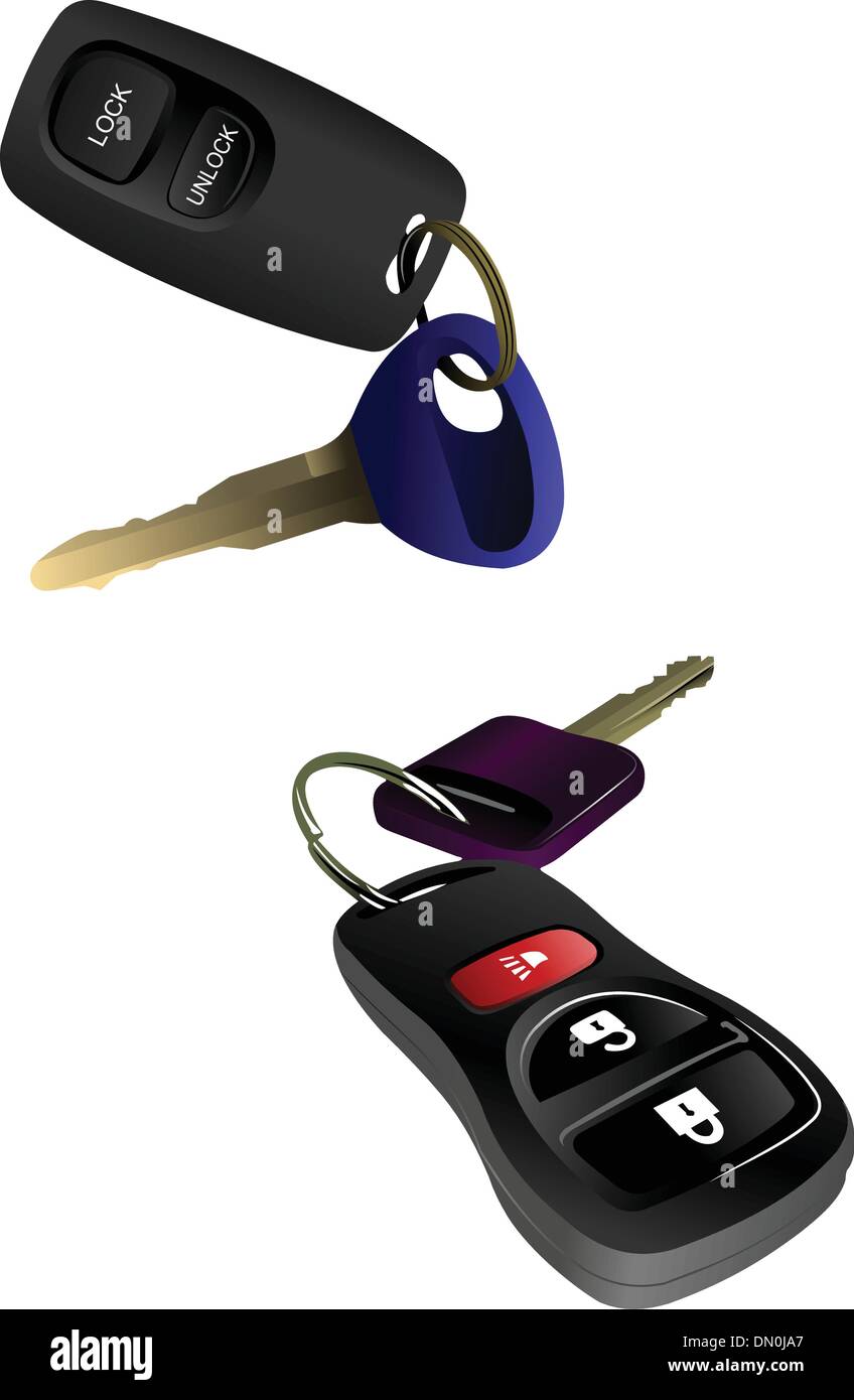 Two car ignition keys with remote control isolated over white ba Stock Vector