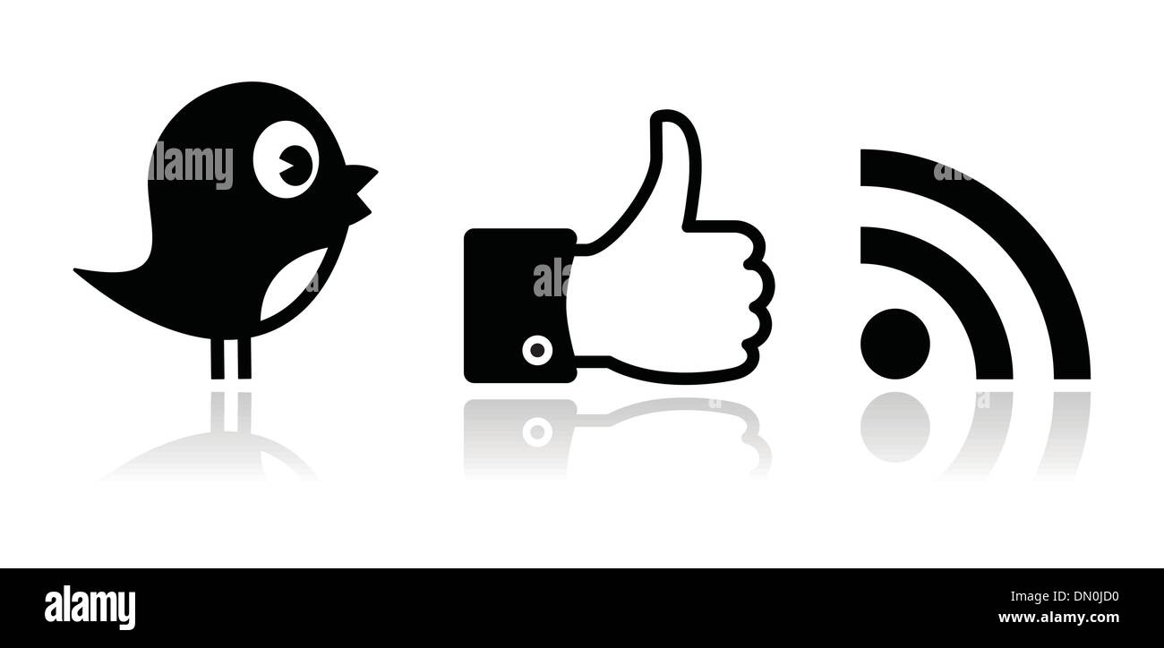 Twitter, Facebook, RSS black glossy icons set Stock Vector