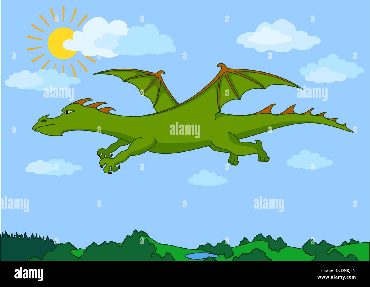 Green fairy dragon flies in the blue sky Stock Vector