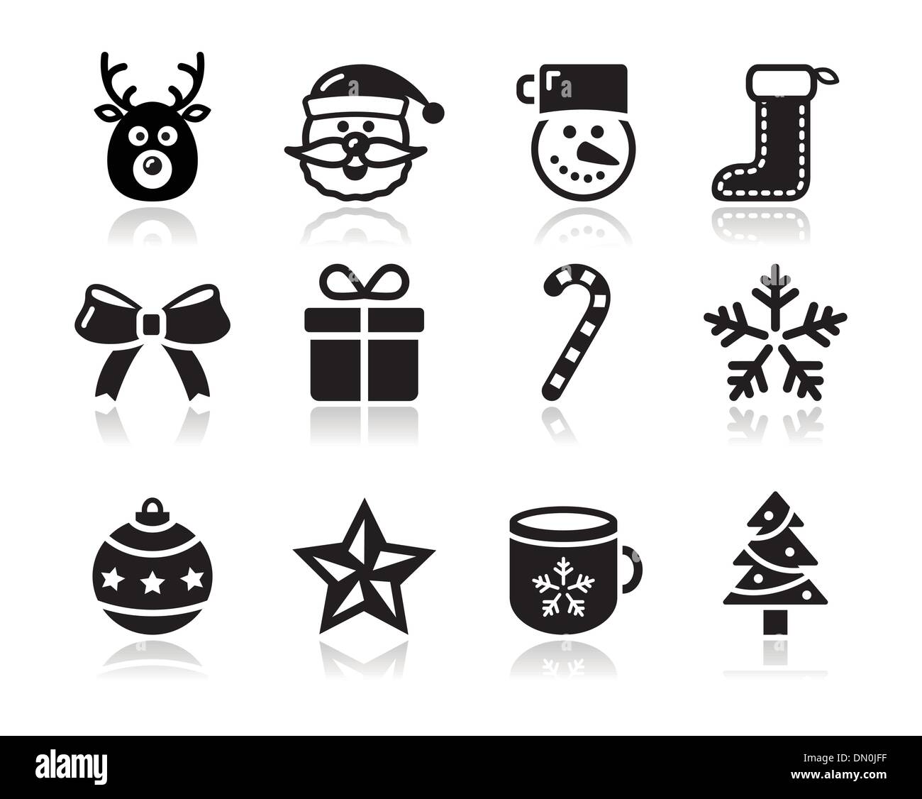 Christmas black icons with shadow set - santa, present, tree Stock Vector