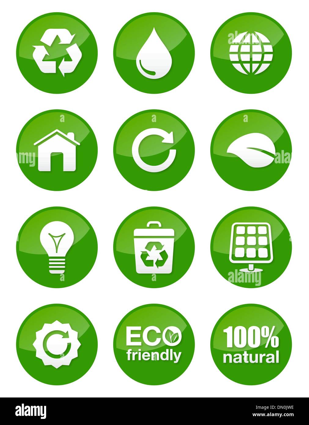 Green eco round glossy buttons set Stock Vector