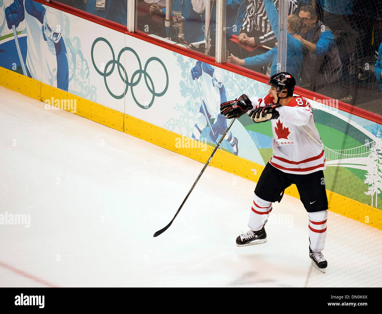 Feb. 28, 2010 - Vancouver, British Columbia, Canada - Canada's SIDNEY CROSBY  celebrates his game winning goal over USA's RYAN MILLER in overtime to give  Canada the gold medal in Men's Gold