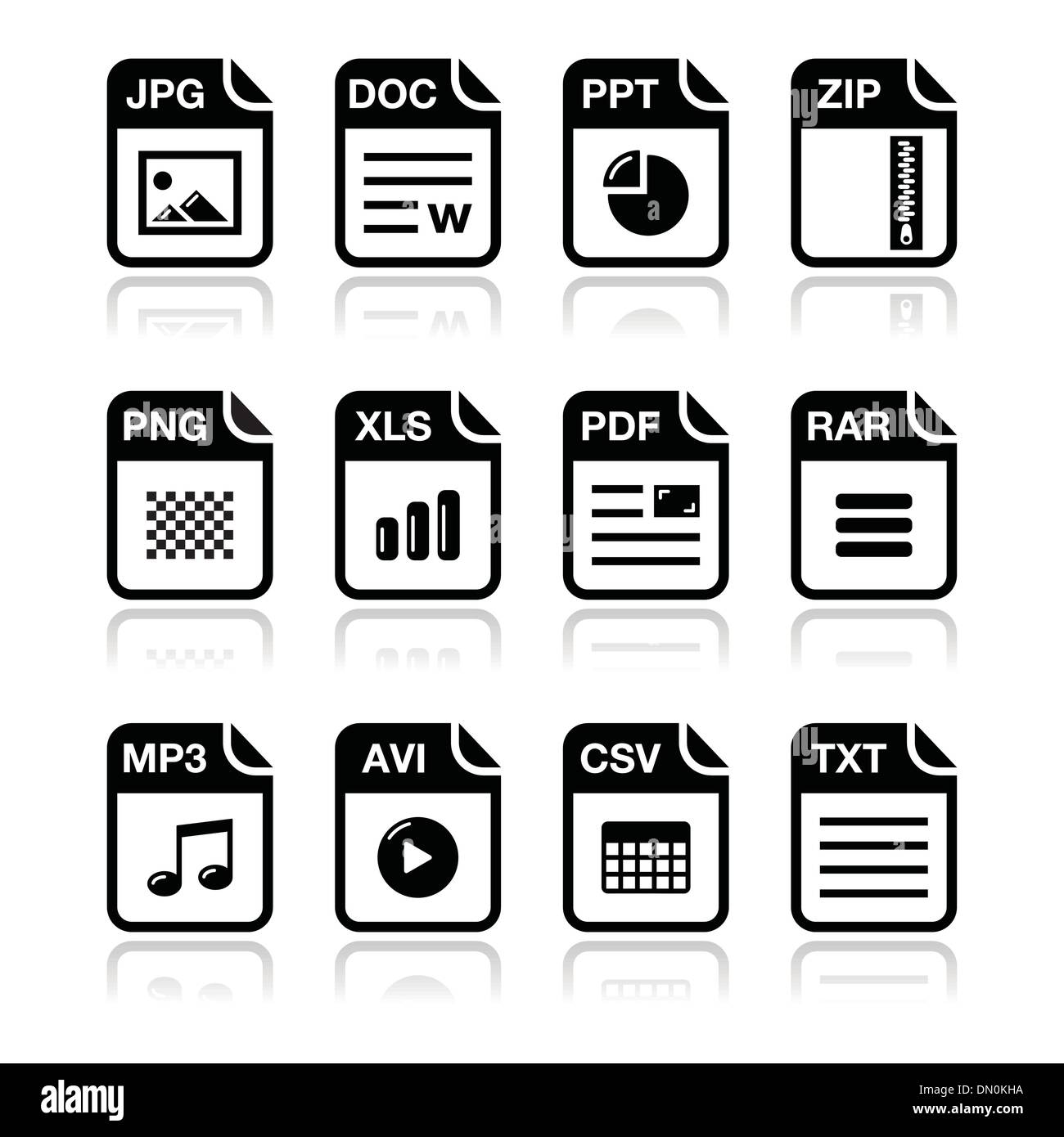 File type black icons with shadow set - zip, pdf, jpg, doc Stock Vector