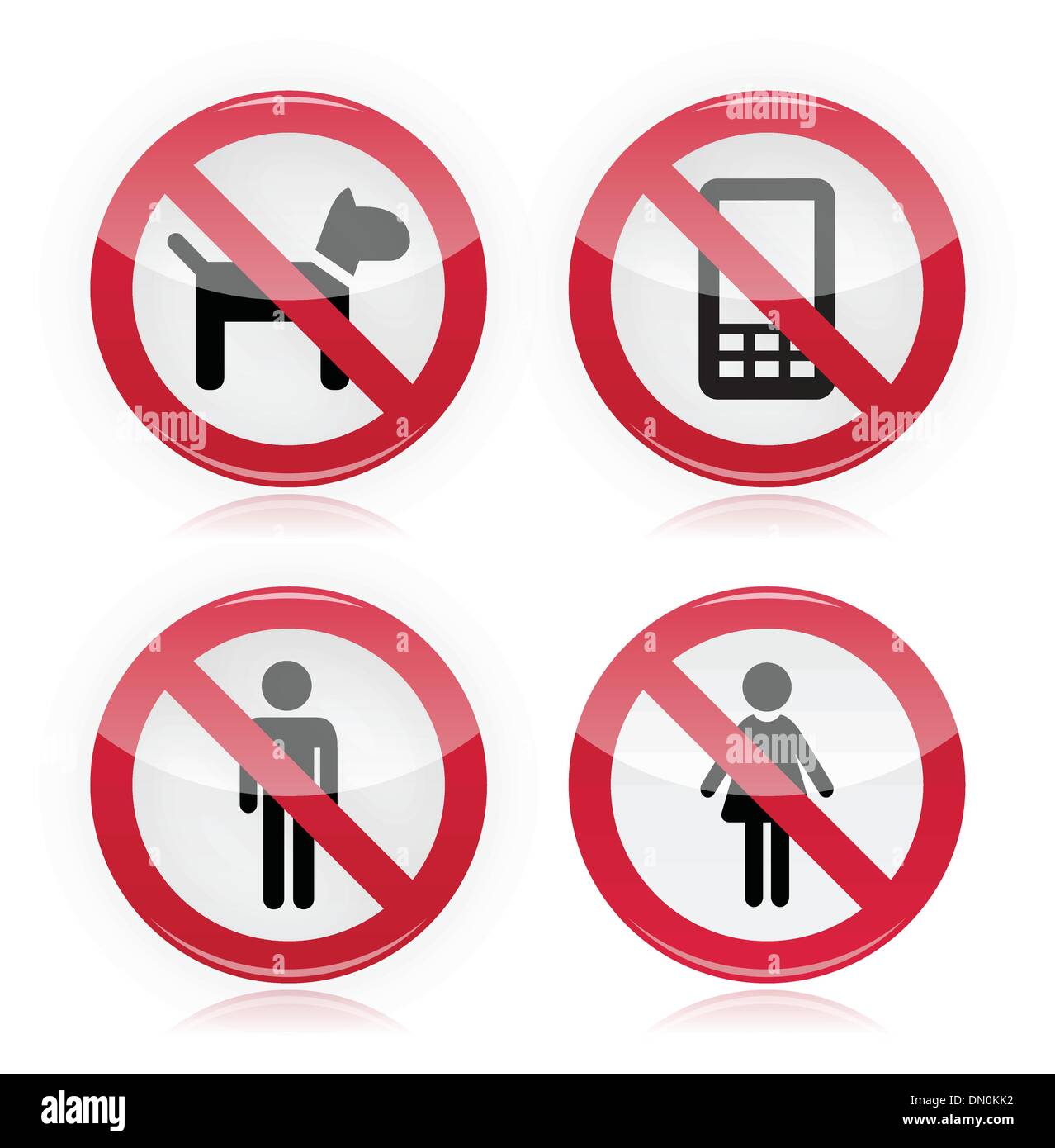 No dogs, No mobile phones, No men, No women warning sign - road sign Stock Vector