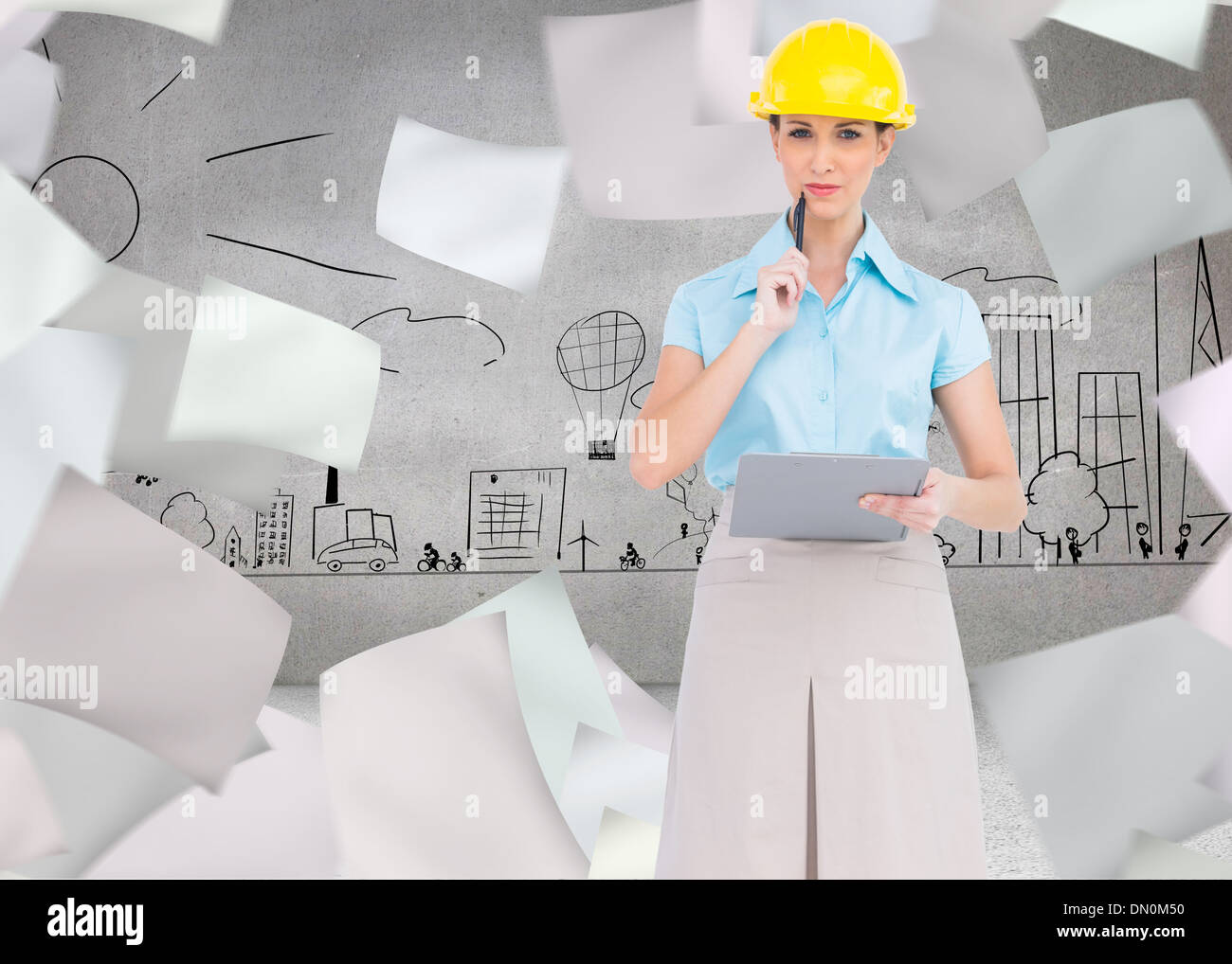 Composite image of thoughtful attractive architect holding clipboard Stock Photo