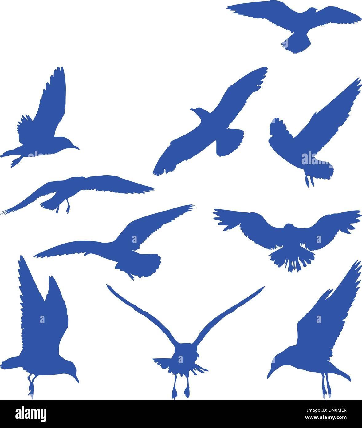 Birds, seagulls in blue silhouettes Stock Vector