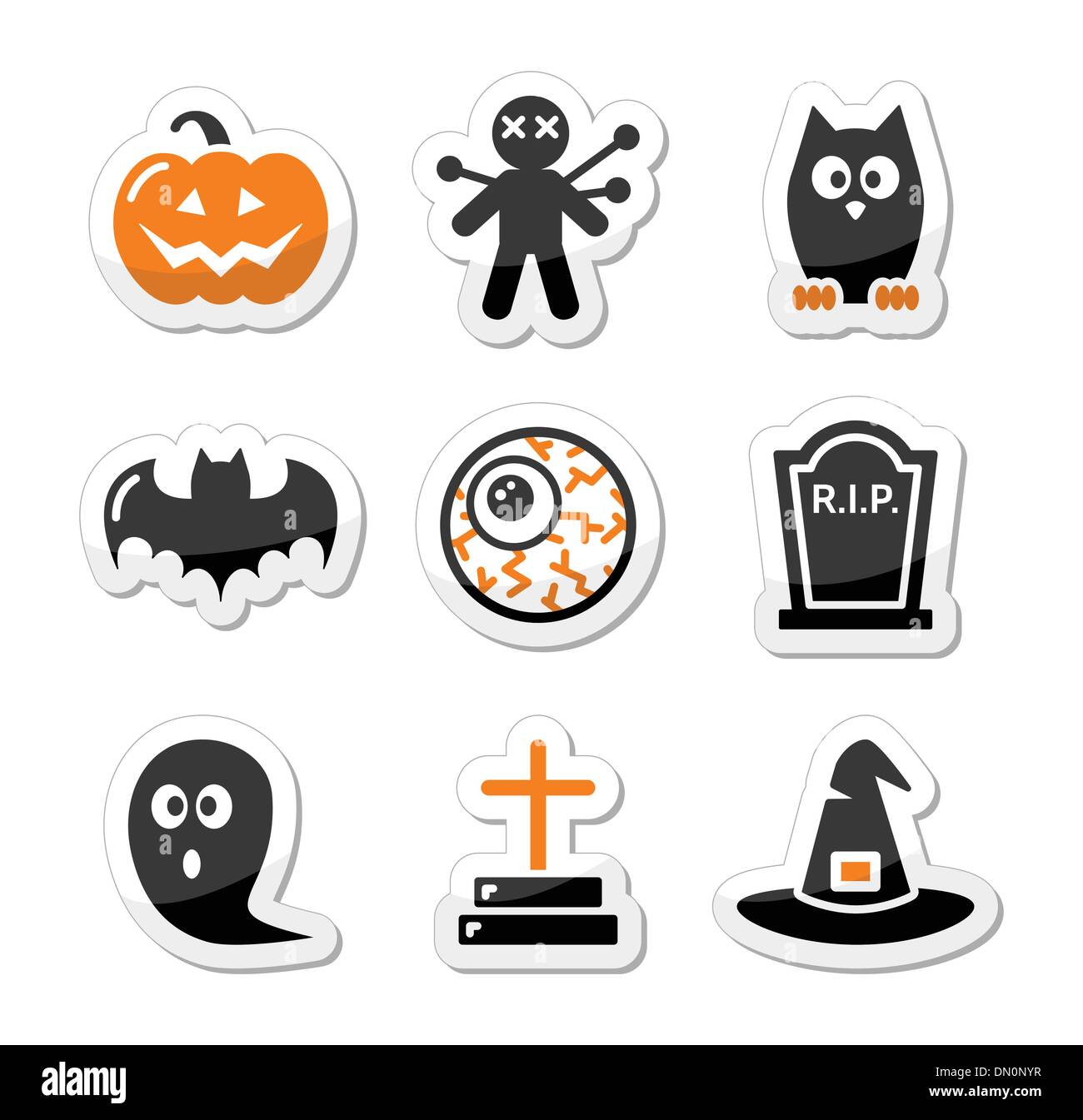Halloween black icons set as labels Stock Vector
