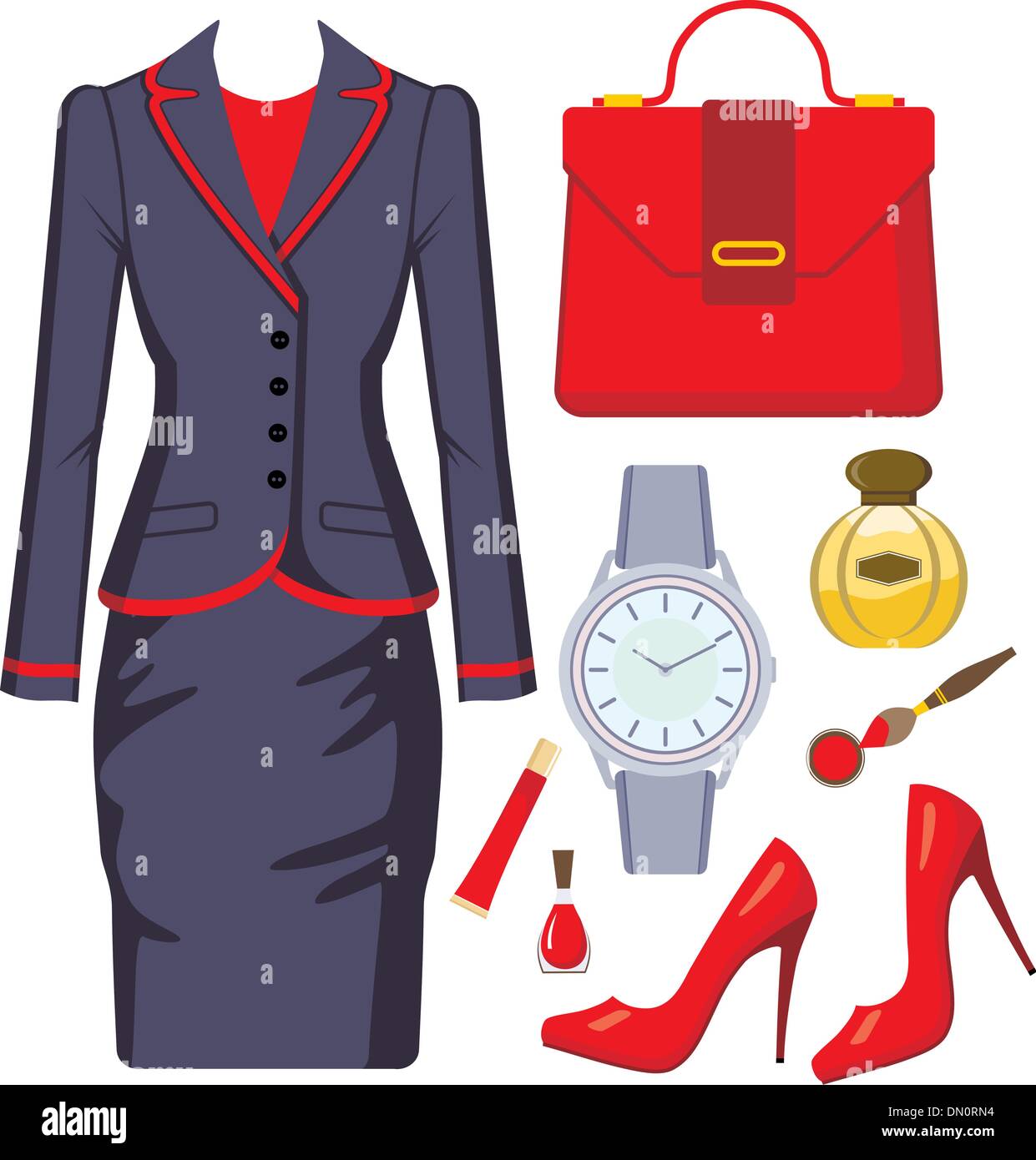 Fashion set from a female suit, accessories and cosmetics Stock Vector