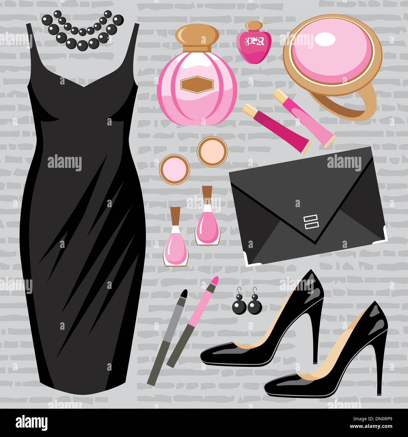 Fashion set with a cocktail dress Stock Vector