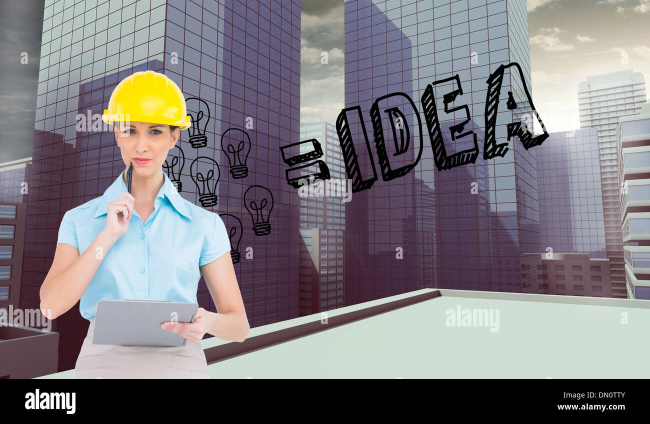 Composite image of thoughtful attractive architect holding clipboard Stock Photo