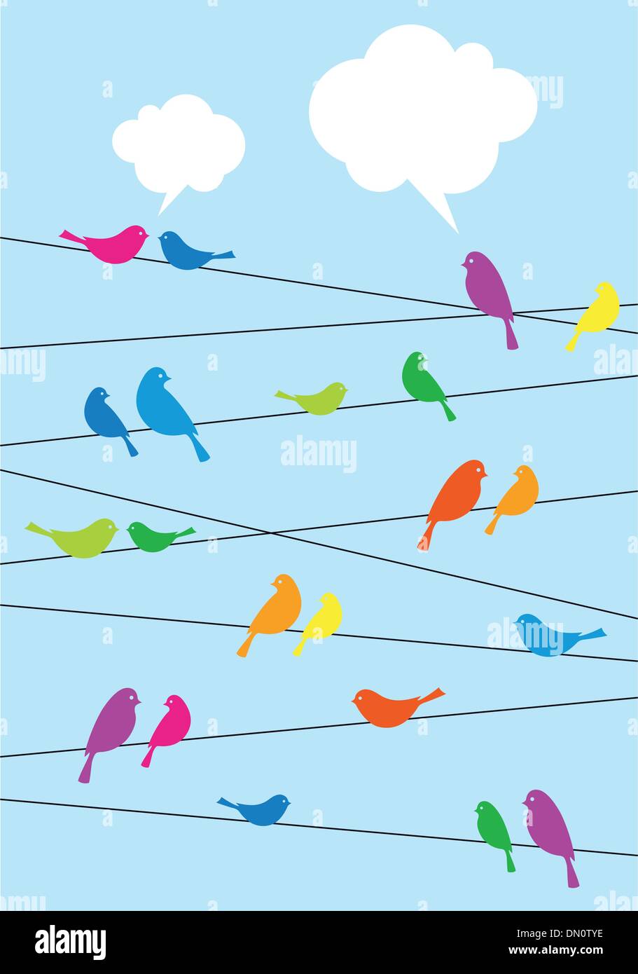birds sitting on wire, vector background Stock Vector