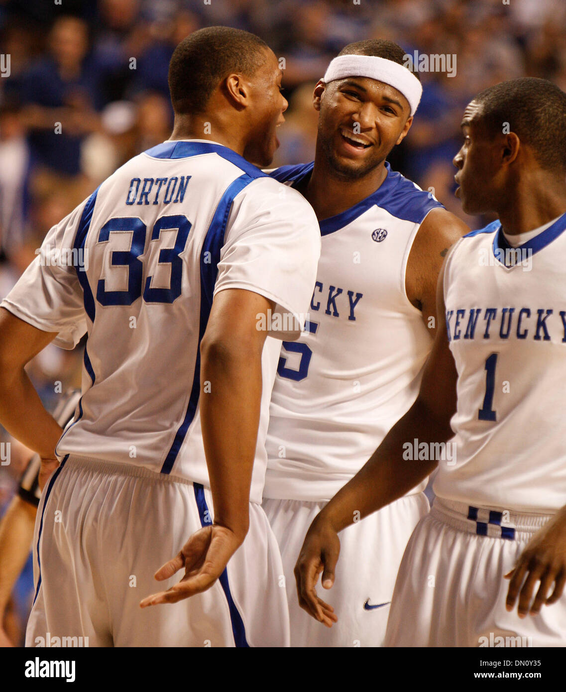 Jan. 30, 2010 - Lexington, Kentucky, USA - UK's DeMarcus Cousins, center,  smiled in the first half as he was sent to the free throw line during the University of Kentucky vs. Vanderbilt game on Saturday, Jan. 30, 2010 at Rupp Arena in Lexington, Ky.  At left is Daniel Orton and at right is Darius Miller.  Photo by David Perry | Staff (Credit Image: © Lexington Herald-Leader/ZUMApr Stock Photo