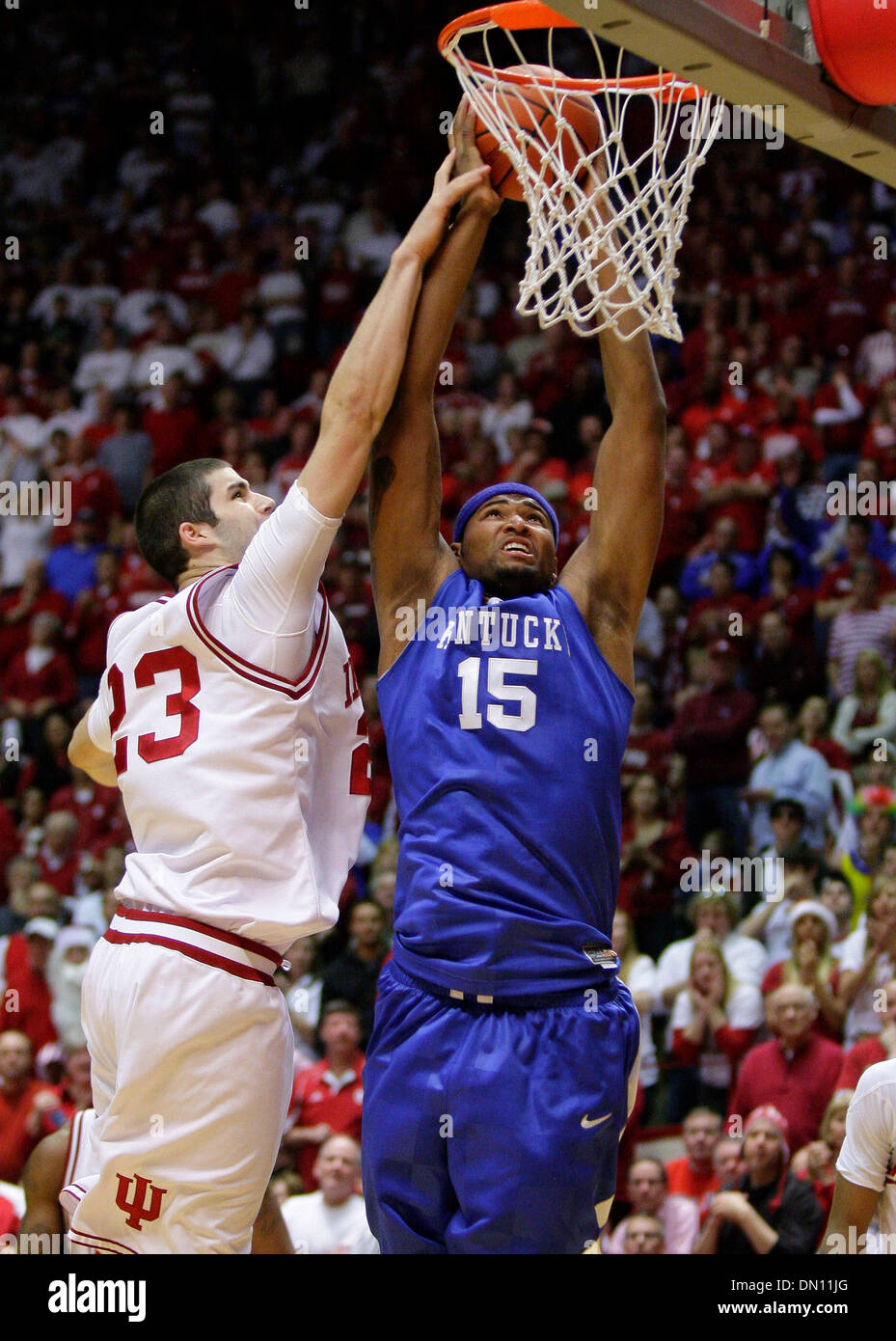 Dec. 12, 2009 - Bloomington, Kentucky, USA - Kentucky's DeMarcus Cousins put in two of his 14 points over Indiana's Bobby Capobianco, as Kentucky defeatd  Indiana  90-73 on Saturday December 12, 2009 in Bloomington, Indiana. Photo by Mark Cornelison | Staff. (Credit Image: © Lexington Herald-Leader/ZUMApress.com) Stock Photo