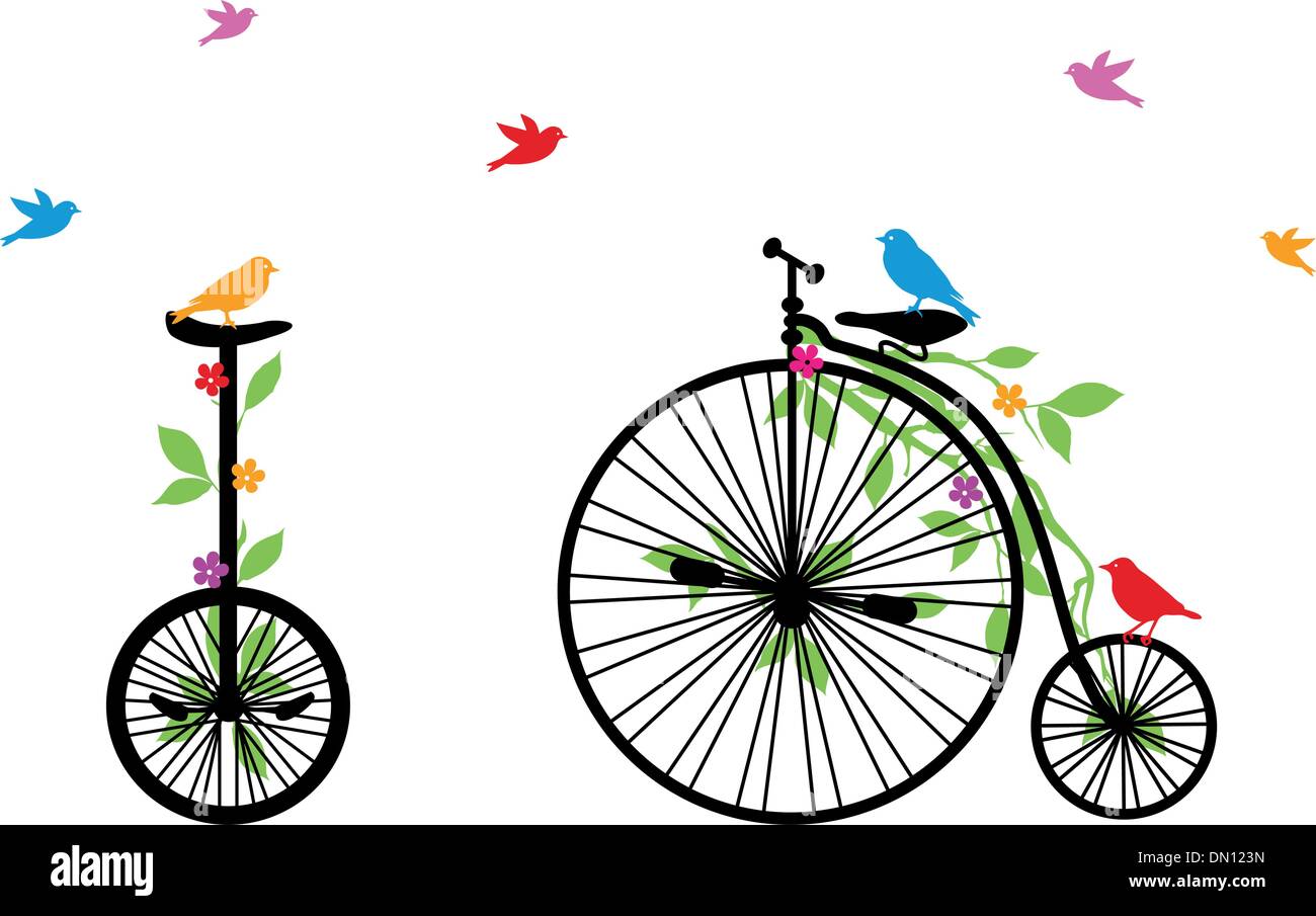 birds on retro bicycle, vector illustration Stock Vector