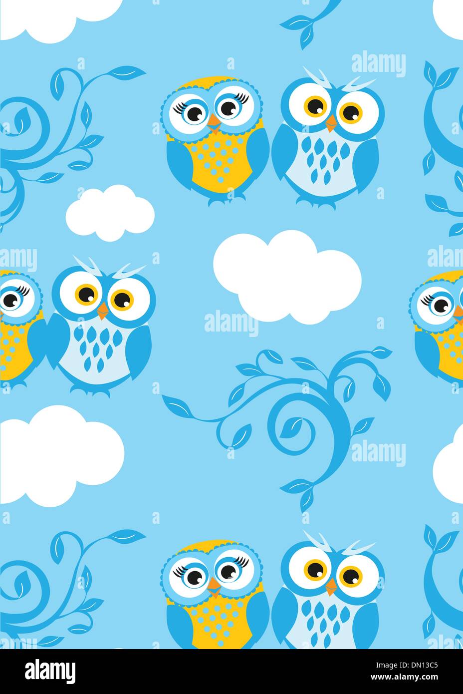 Owls couple on the sky. Seamless pattern Stock Vector