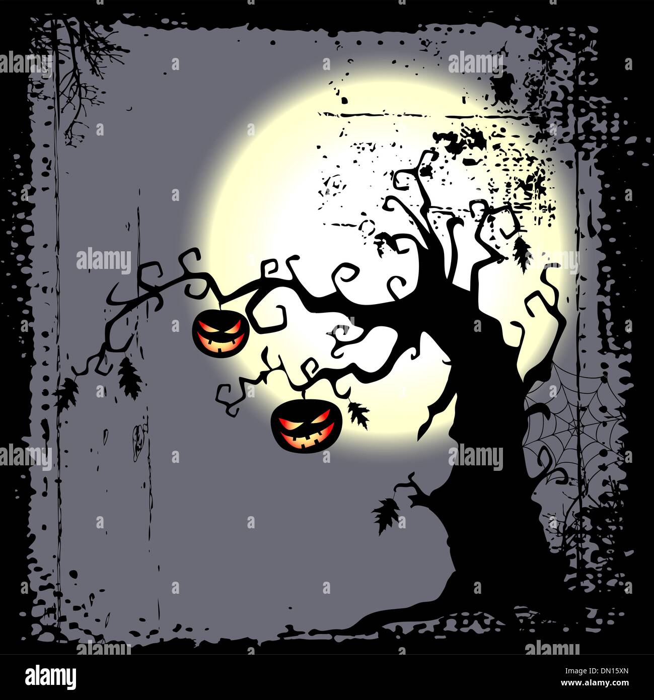 Halloween background - two pumpkins are hanging on the tree Stock Vector