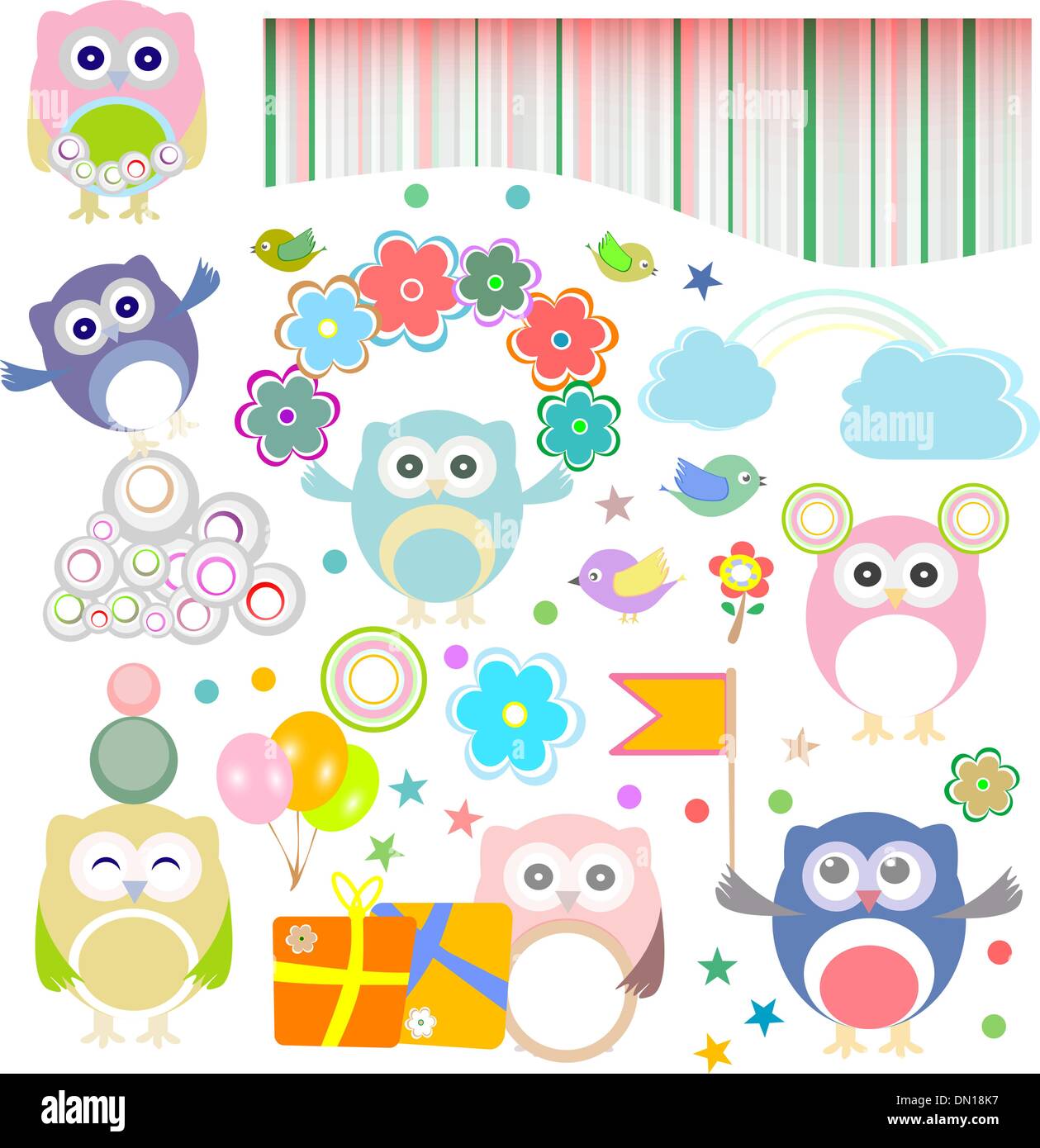 Birthday party elements with funny owls. Vector set Stock Vector